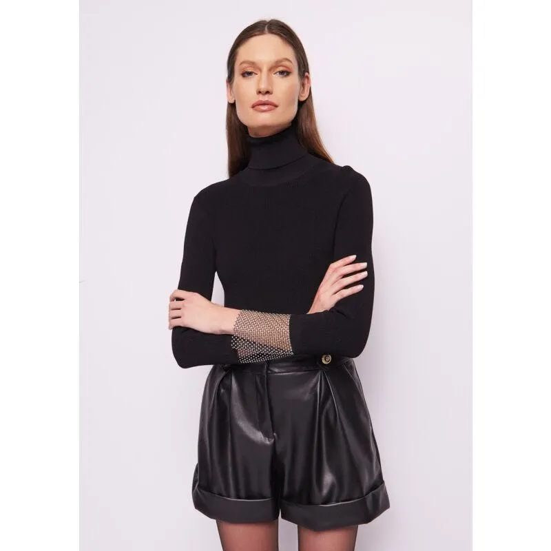 Maglia dolcevita con rete e strass