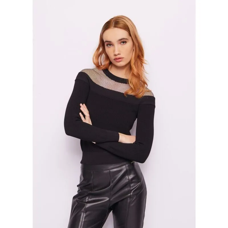 Maglia nera con rete e strass