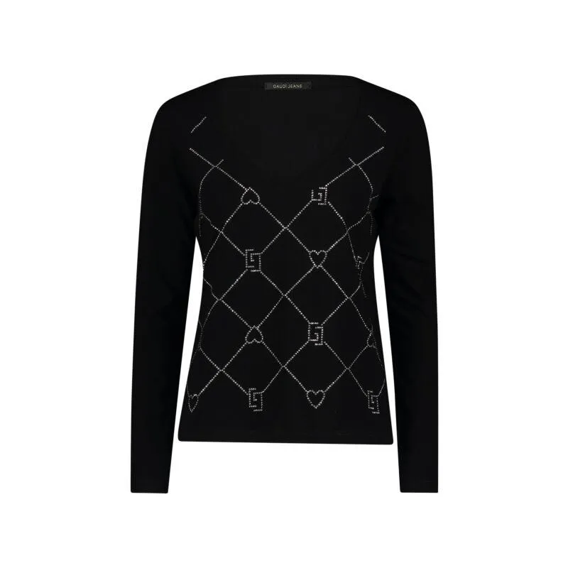 T-shirt nera in cotone con strass