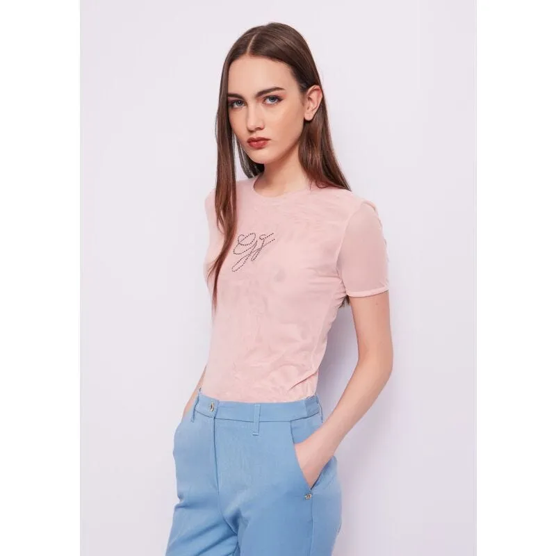 T-shirt rosa in tulle con logo