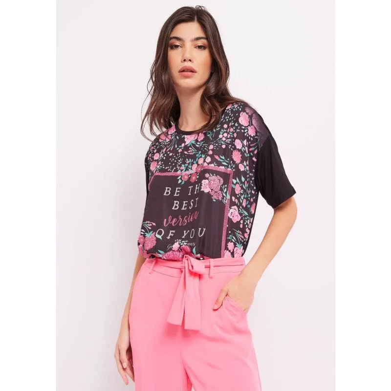 T-shirt con stampa floreale e strass