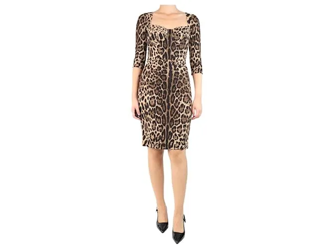 Dolce & Gabbana Abito midi stampato leopardato marrone - taglia UK 8