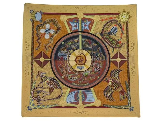 Hermès NUOVO FULARD HERMES SOGNO D'AUSTRALIA PAUWELS QUADRATO 90 SETA SCATOLA Giallo