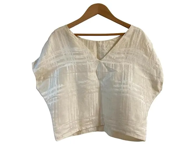 Blusa Cropped in Seta a Quadri Shadow di Balenciaga Bianco Bianco sporco