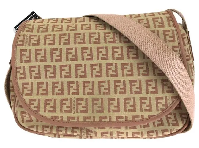 Borsa a Spalla in Tela/Cuoio Zucchino di Fendi Rosa Beige