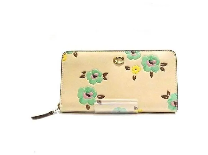 Portafoglio con zip Accordion Coach in pelle floreale Beige