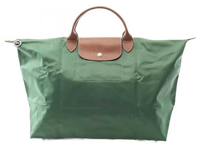Borsa Tote in Tela e Pelle Le Pliage Original di Longchamp Marrone Verde