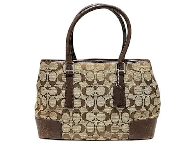 Borsa a mano in tela e pelle con firma Coach Marrone