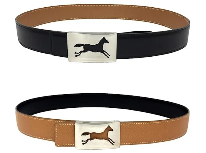 Cintura in pelle Hermès Nero Argento Marrone chiaro