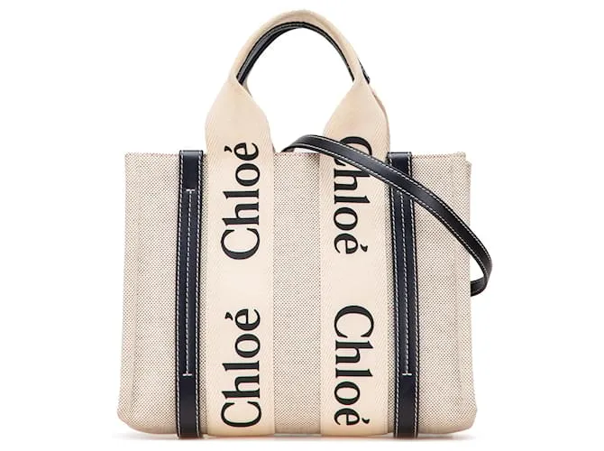 Borsa Woody in tela marrone piccola Chloé Nero Beige