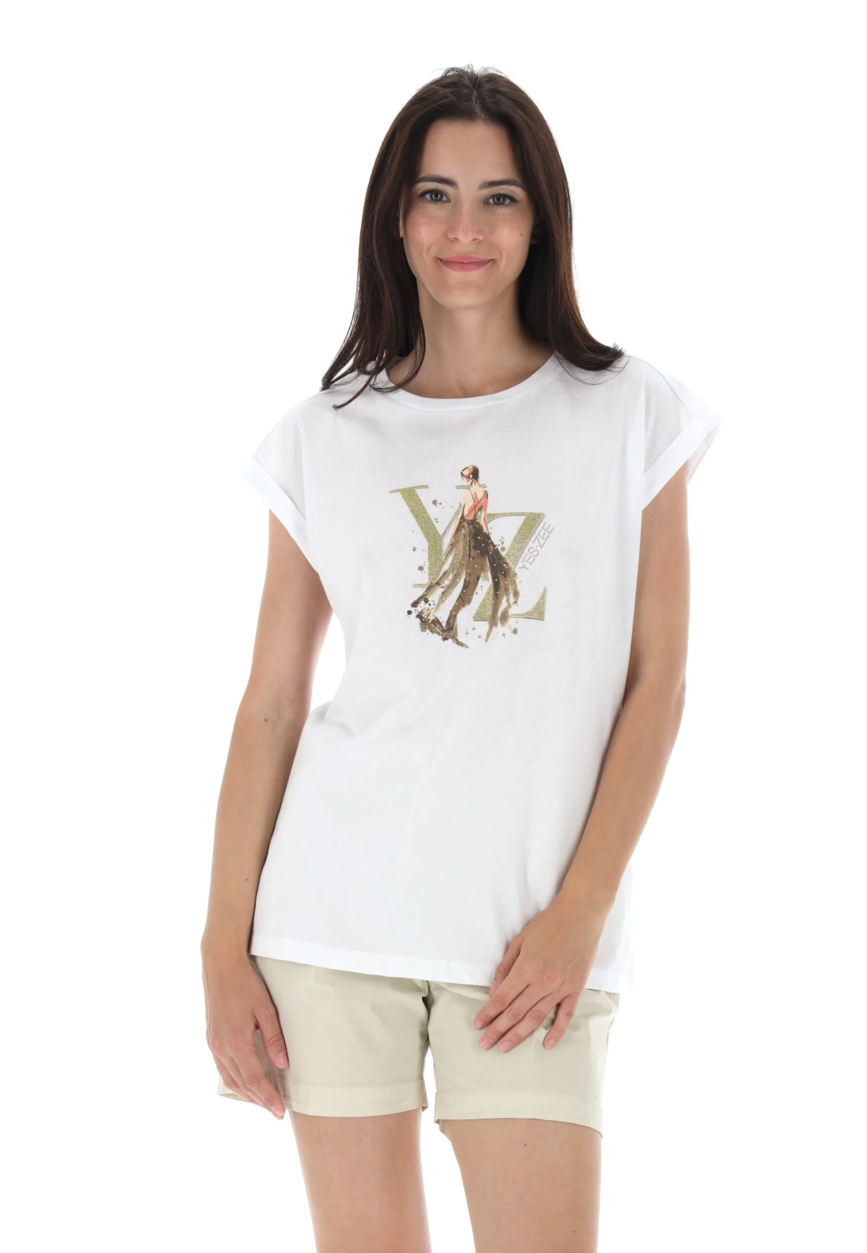 T-shirt Yes Zee con stampa frontale e risvolto maniche