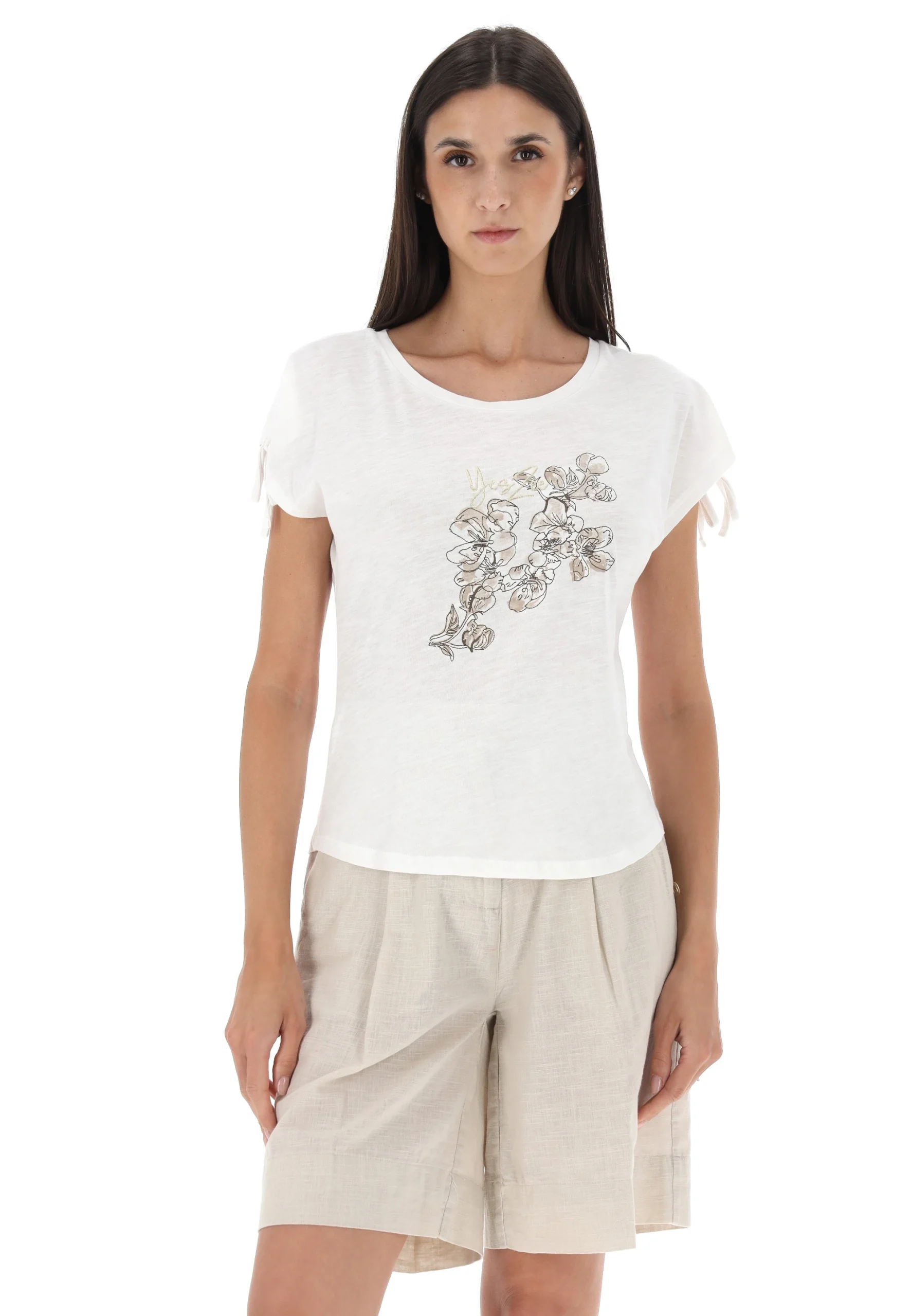 T-shirt donna Yes Zee in cotone con ricami frontali
