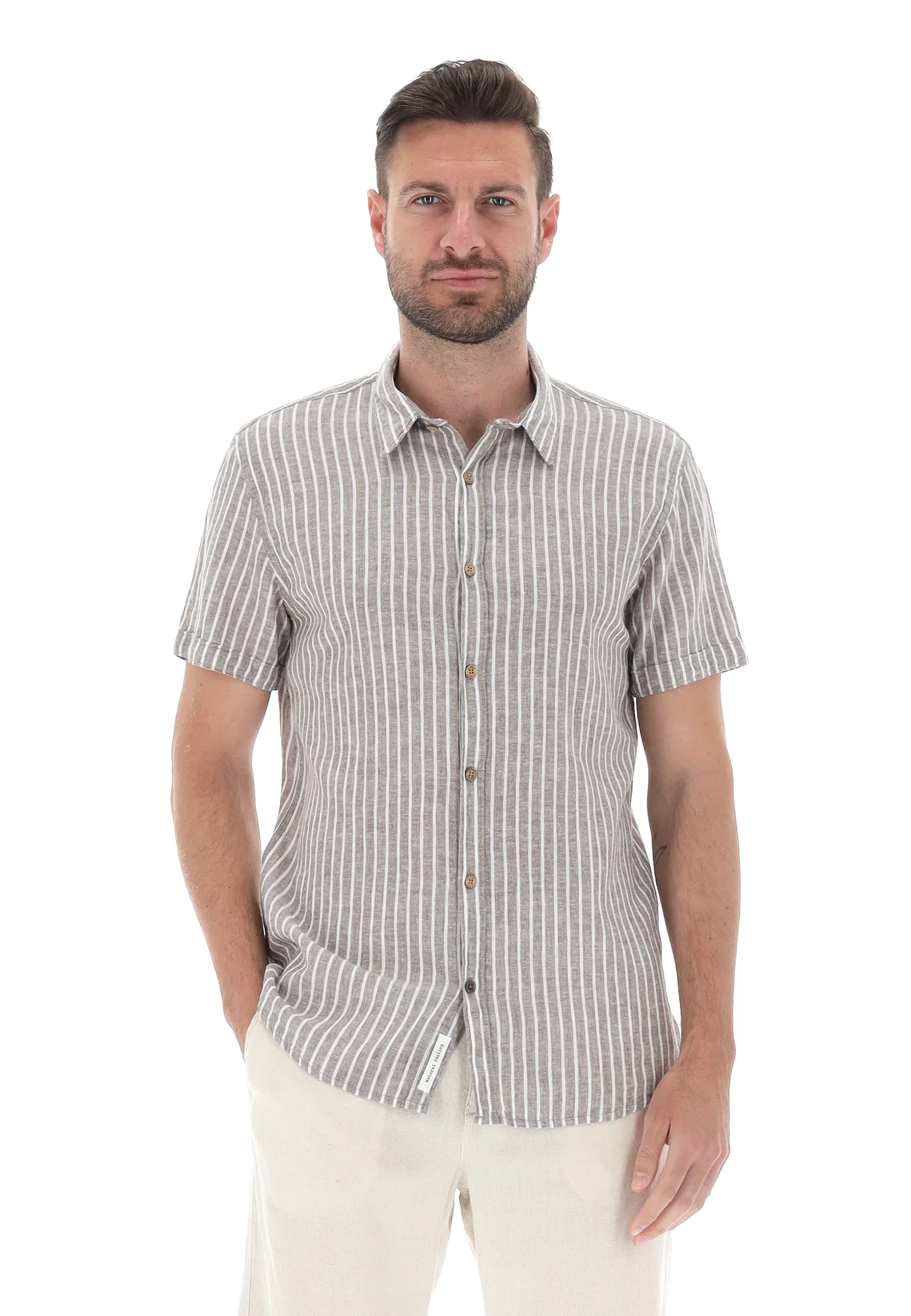 Camicia maniche corte Yes Zee a righe in misto lino