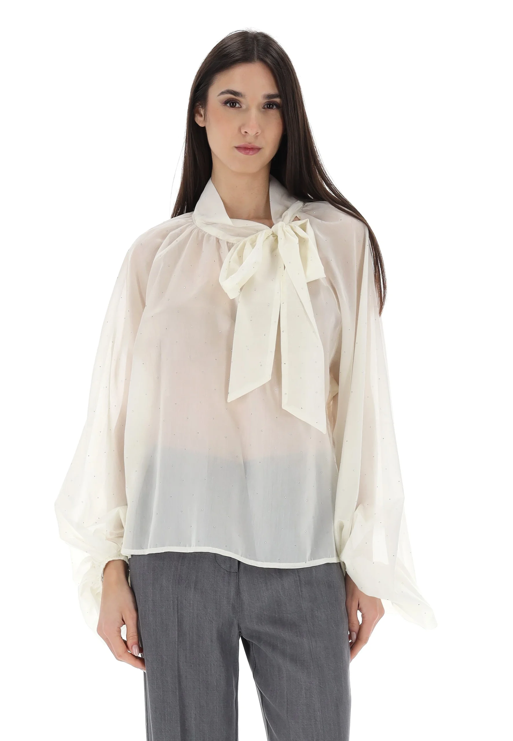 Blusa manica balloon e fiocco con strass all over Imperial