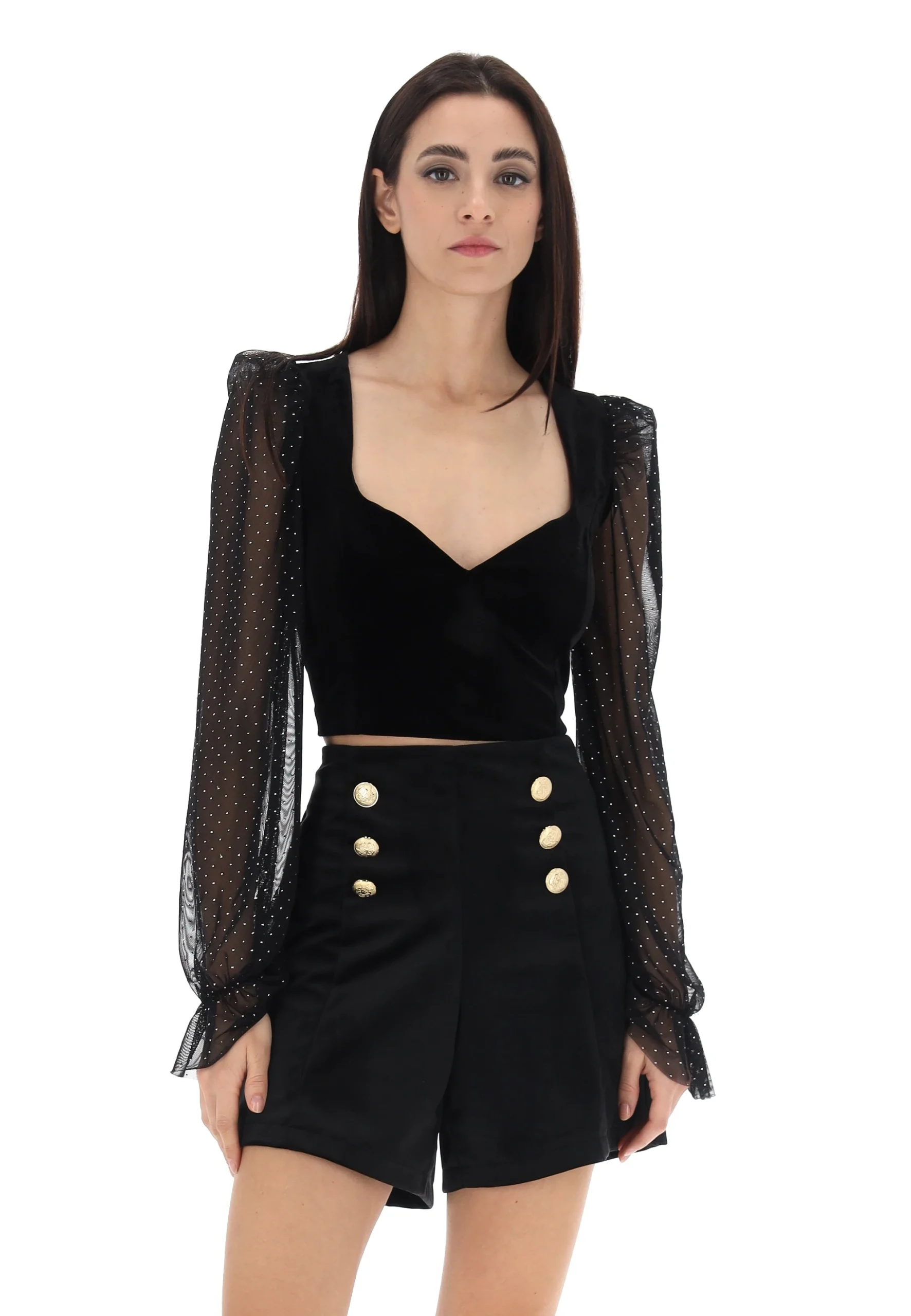 Top Imperial effetto velluto con maniche velate e strass