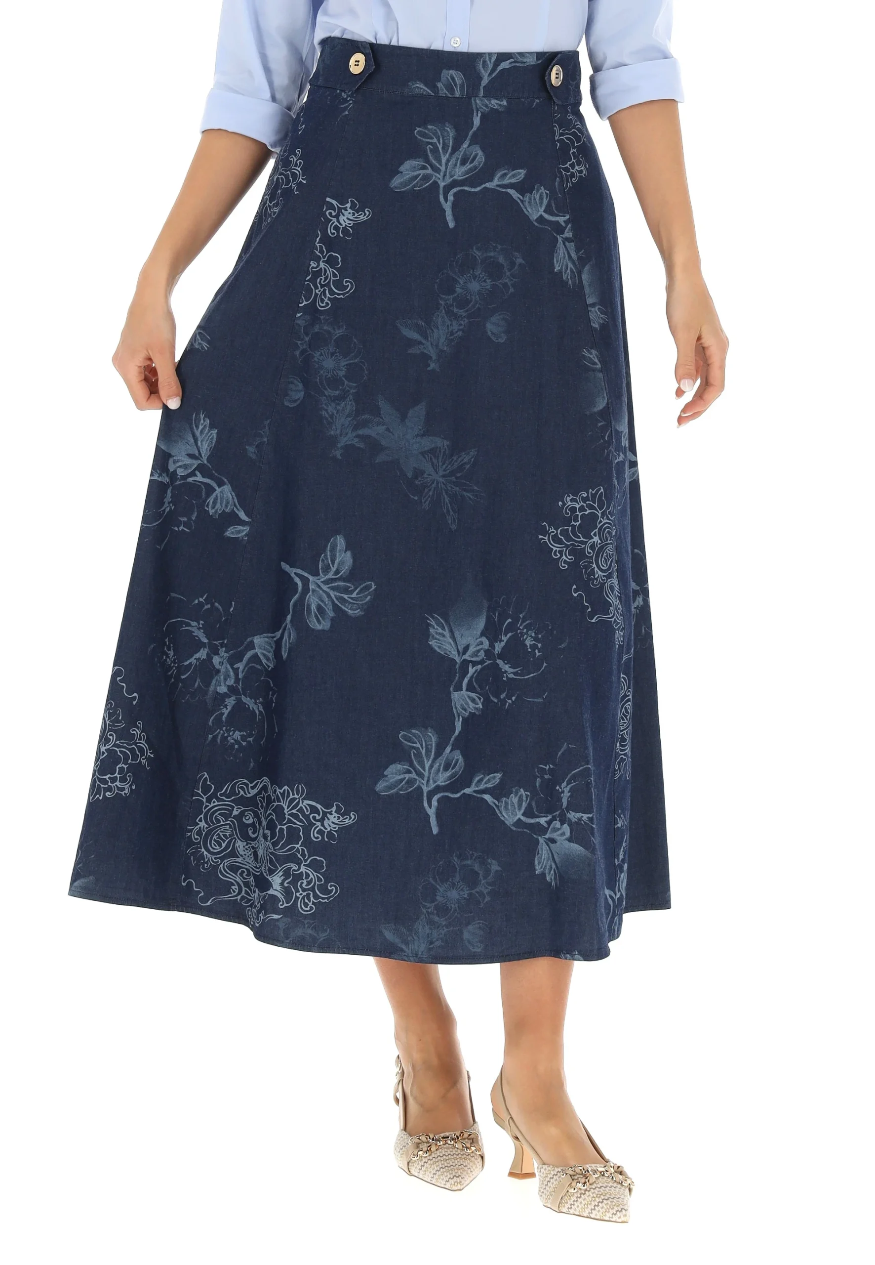 Gonna midi in tessuto chambray stampa fiori Main & Land