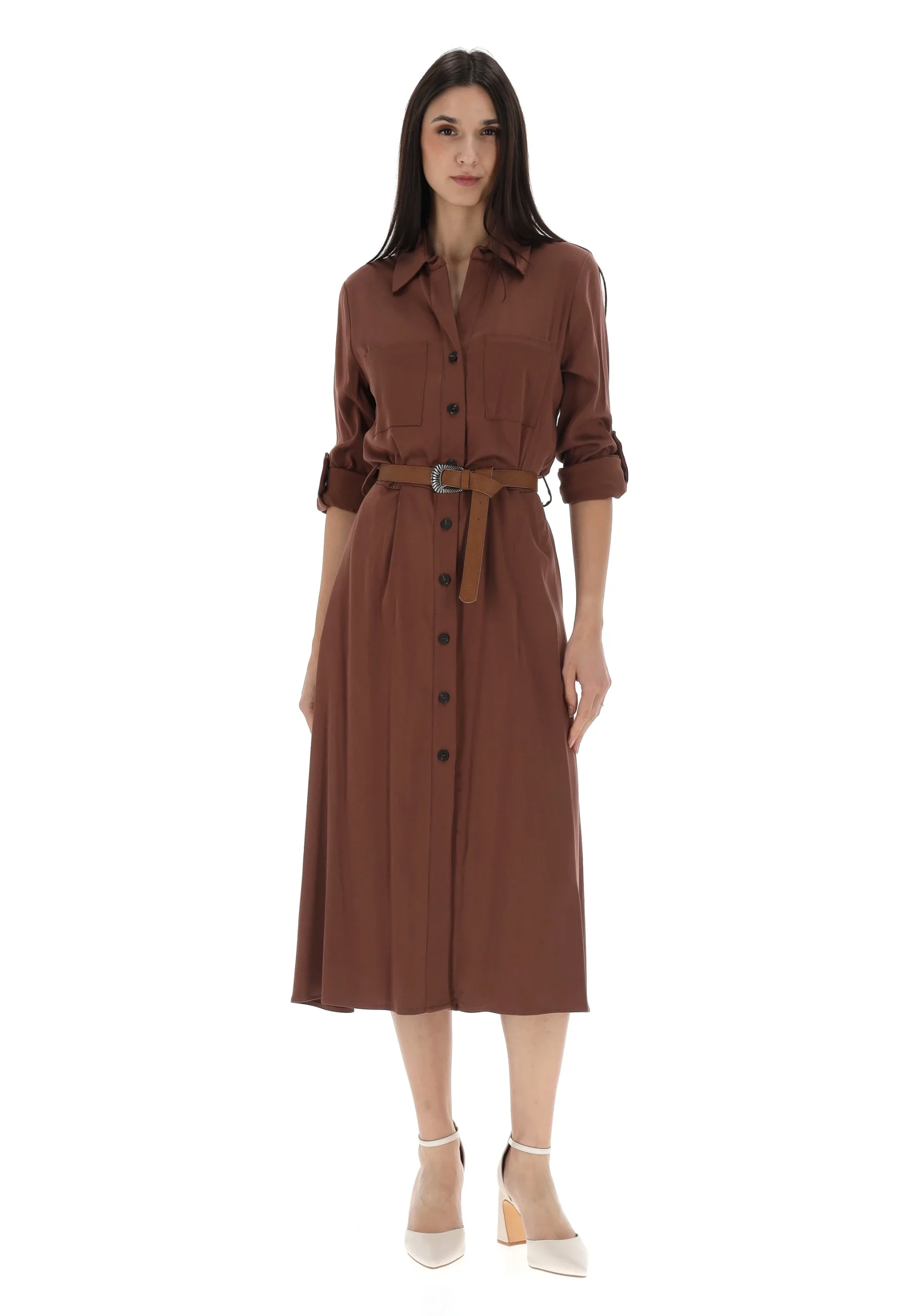 Vestito chemisier midi effetto satin con cintura èks