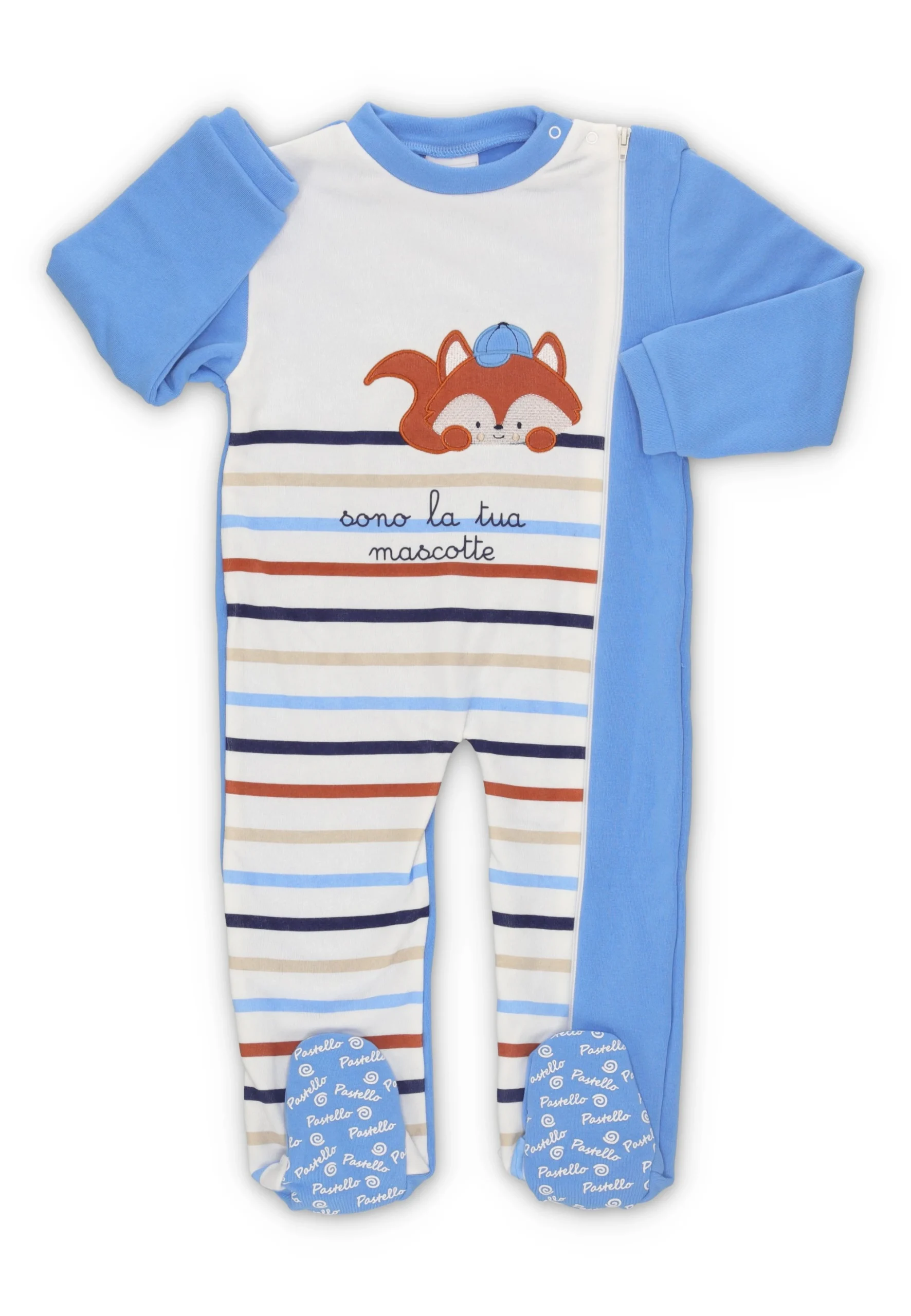 Tutina in cotone felpato Pastello neonato rigata con volpe