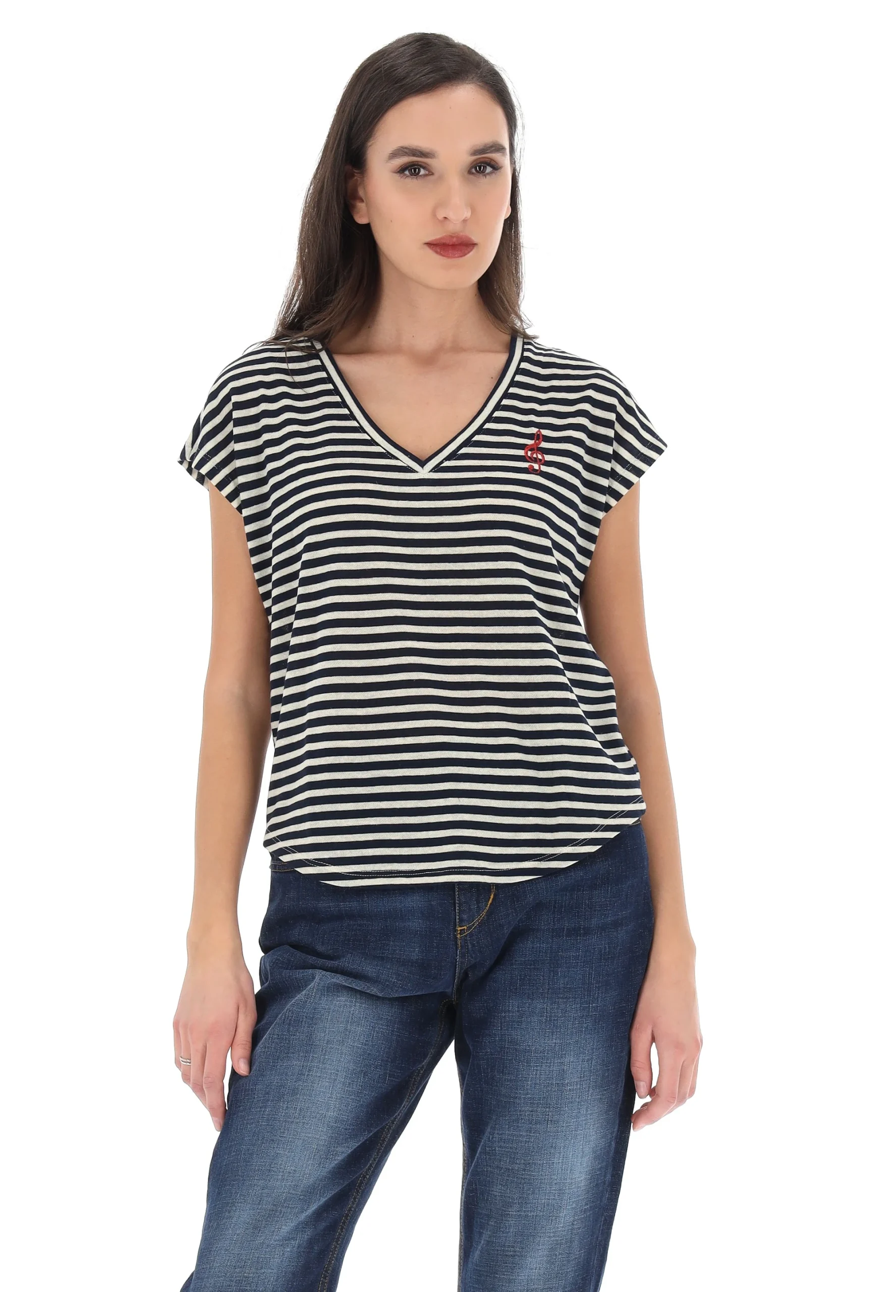 T-shirt a righe con ricamo frontale e scollo V Vero Moda