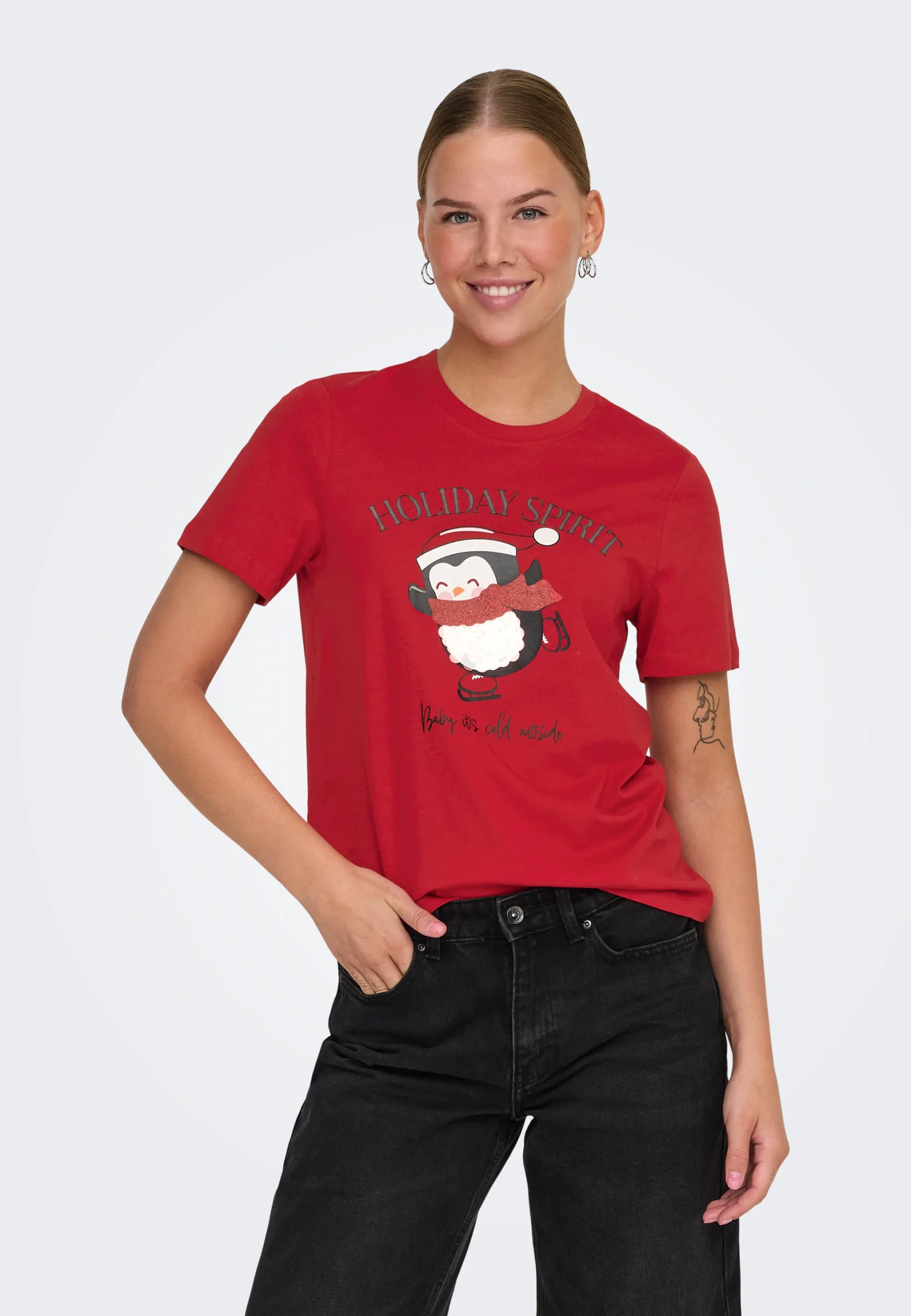 T-shirt donna Only con pinguini natalizi