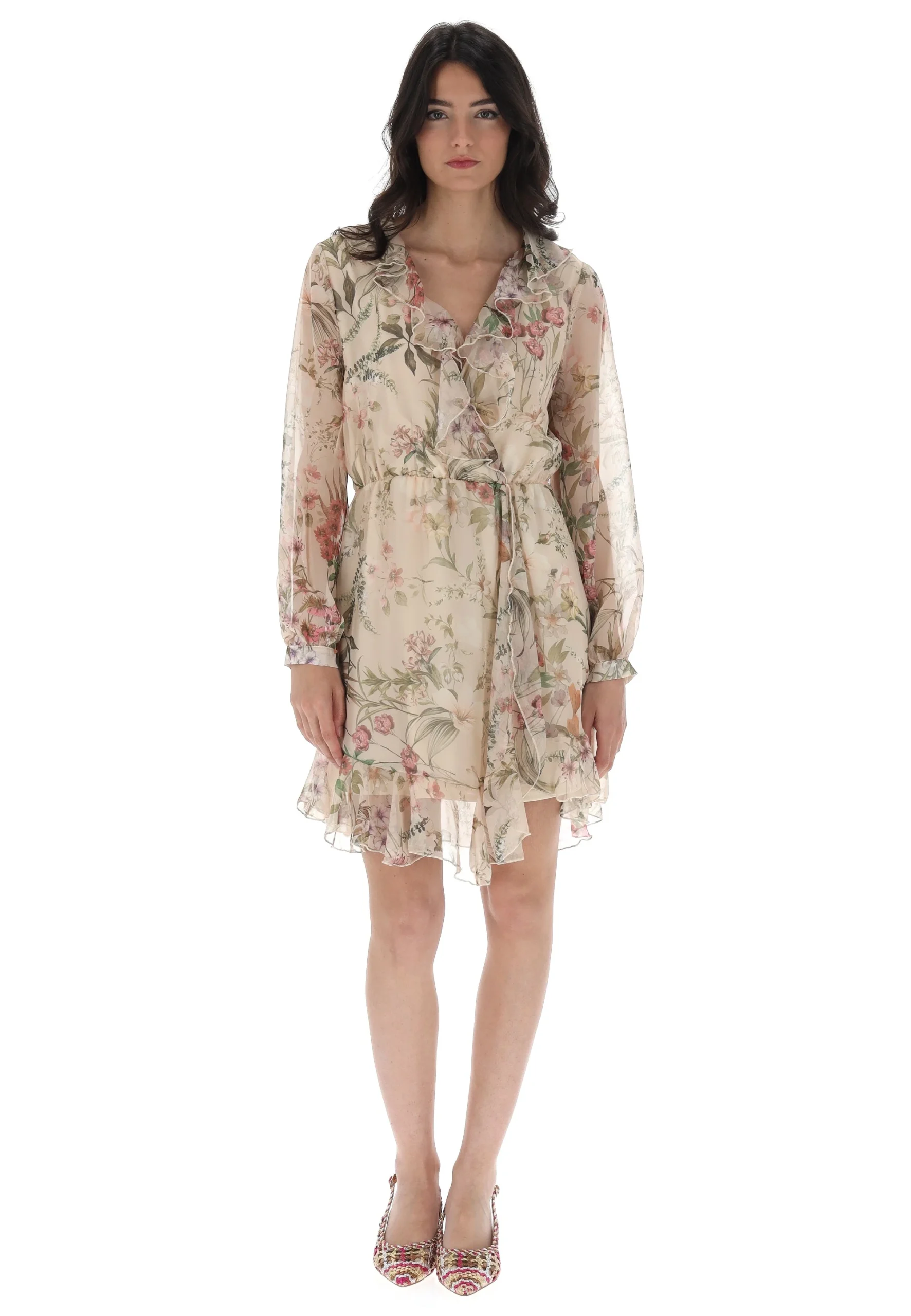 Vestito corto con manica lunga in georgette fantasia floreale èks