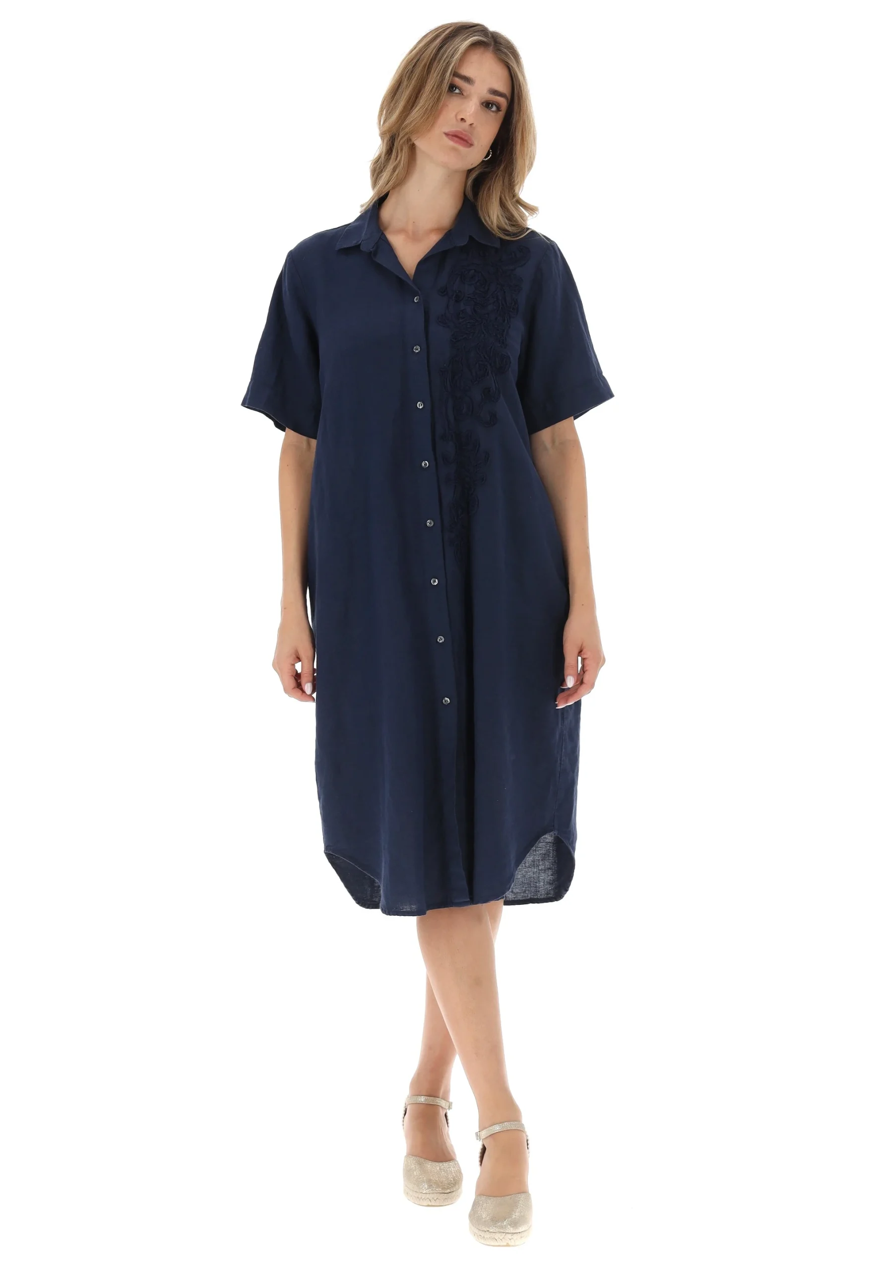 Vestito donna misto lino e cotone Etichetta con ricamo laterle