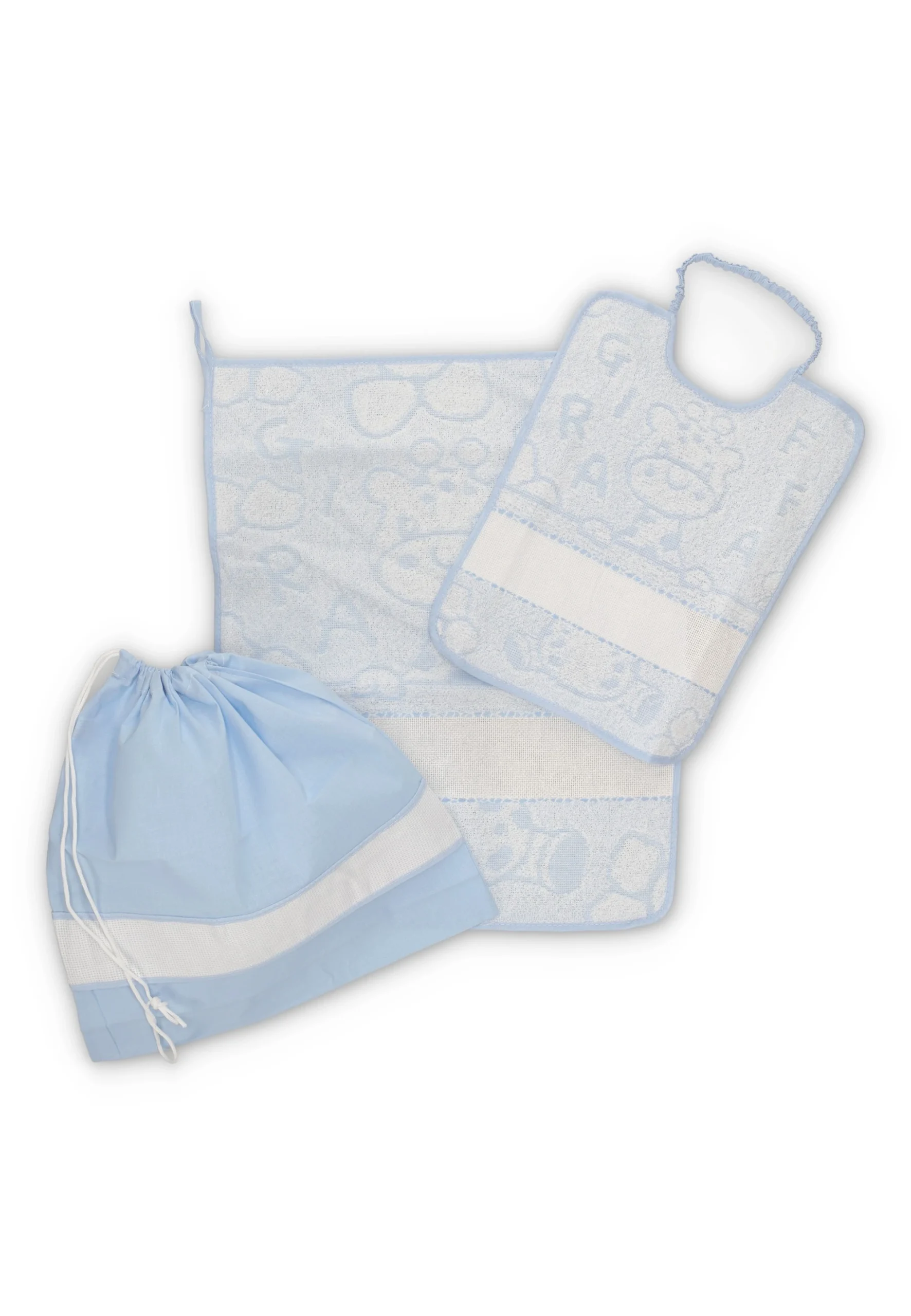 Set asilo con sacca asciugamano e bavaglia con ricamo