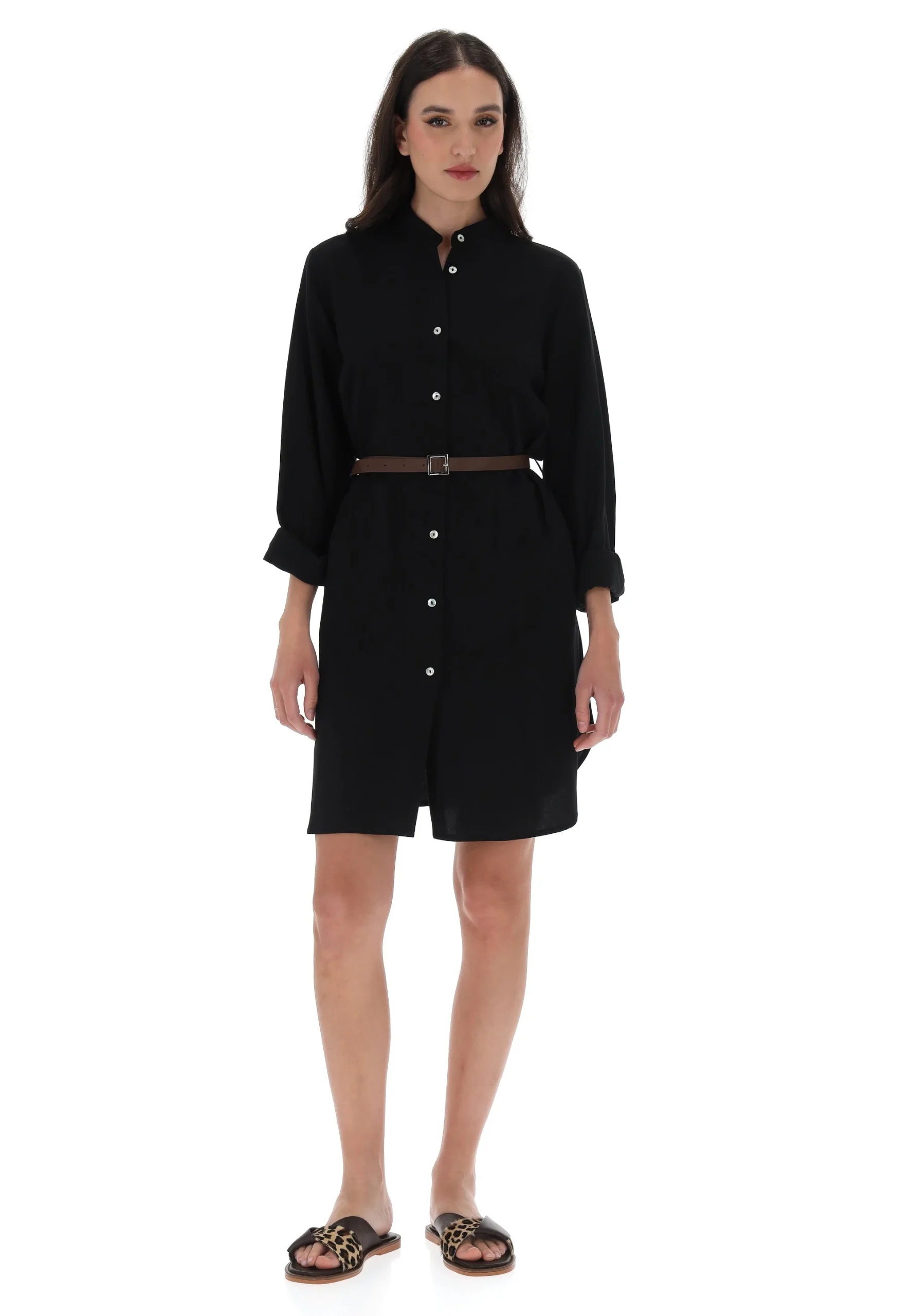 Vestito corto chemisier in viscosa e lino con cinturina èks