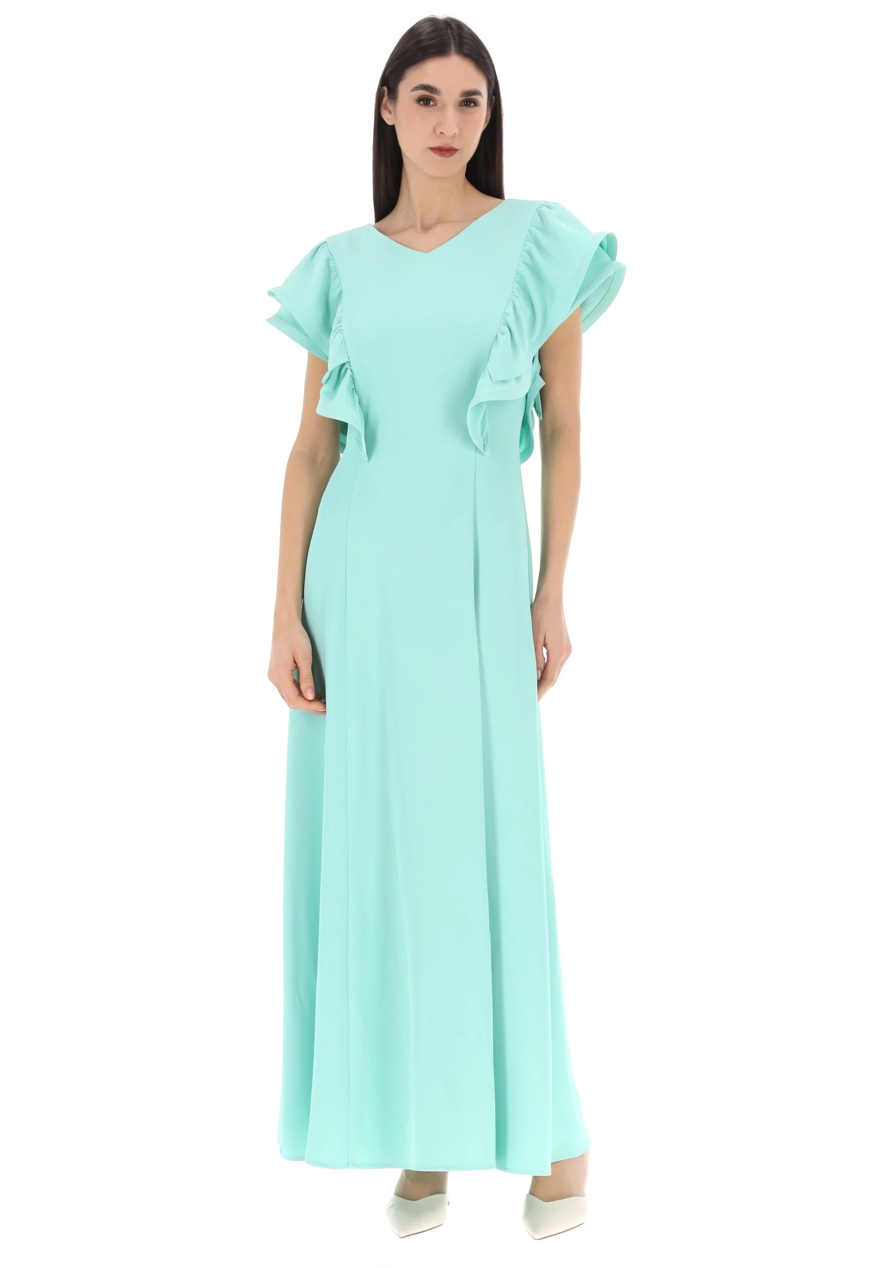 Abito da cerimonia aperto sul retro con maniche volant èks donna