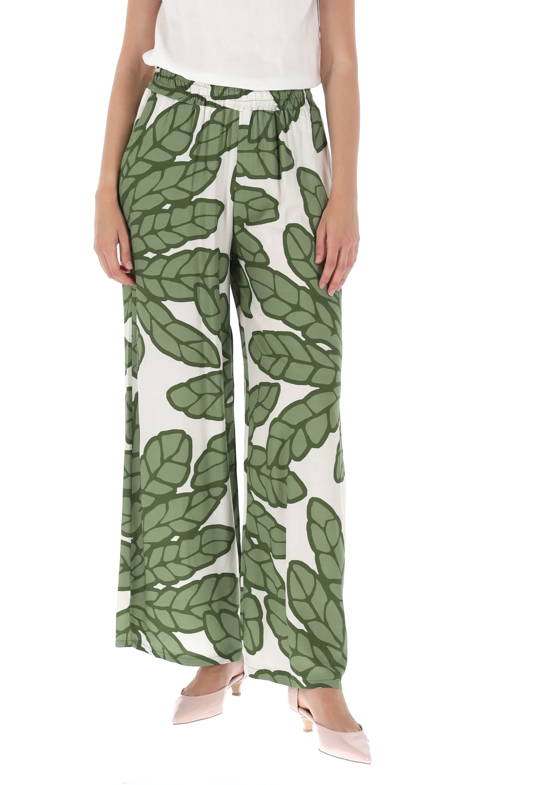 Pantalone a palazzo Lizalù in viscosa con fantasia foglie