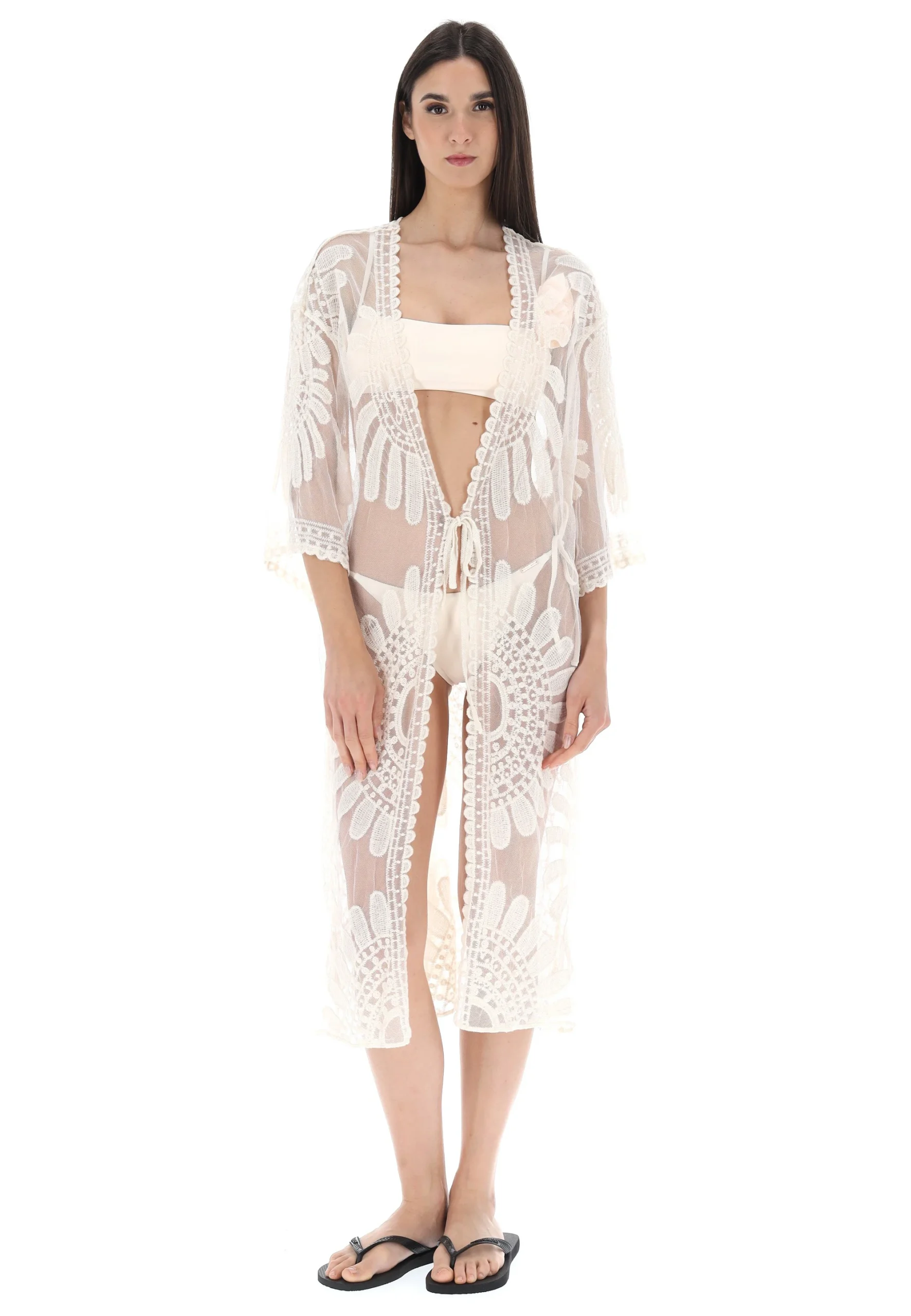 Kimono lungo copricostume Hat You in tulle e pizzo con laccetto