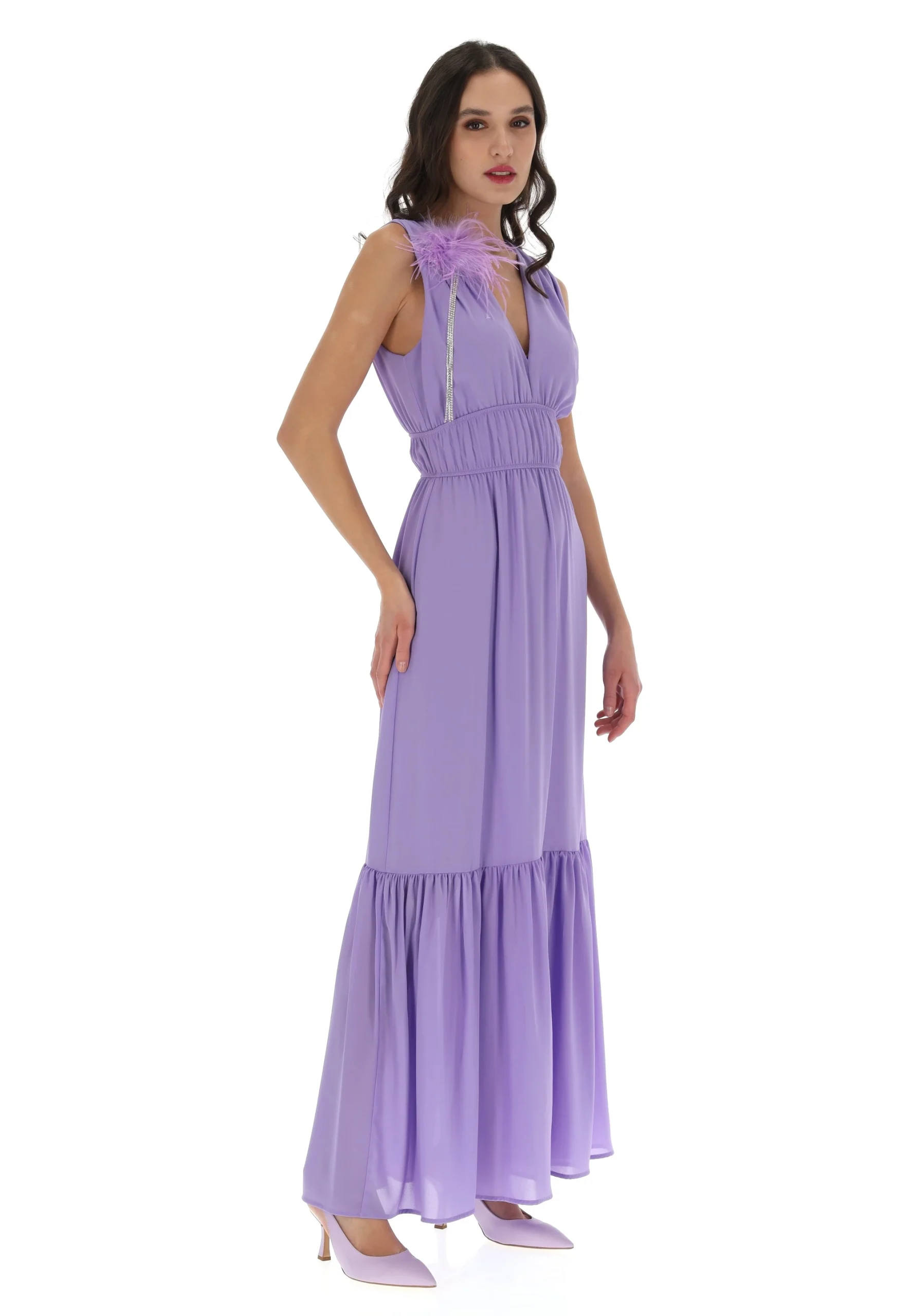 Abito lungo Artigli in georgette con balze e dettaglio piuma