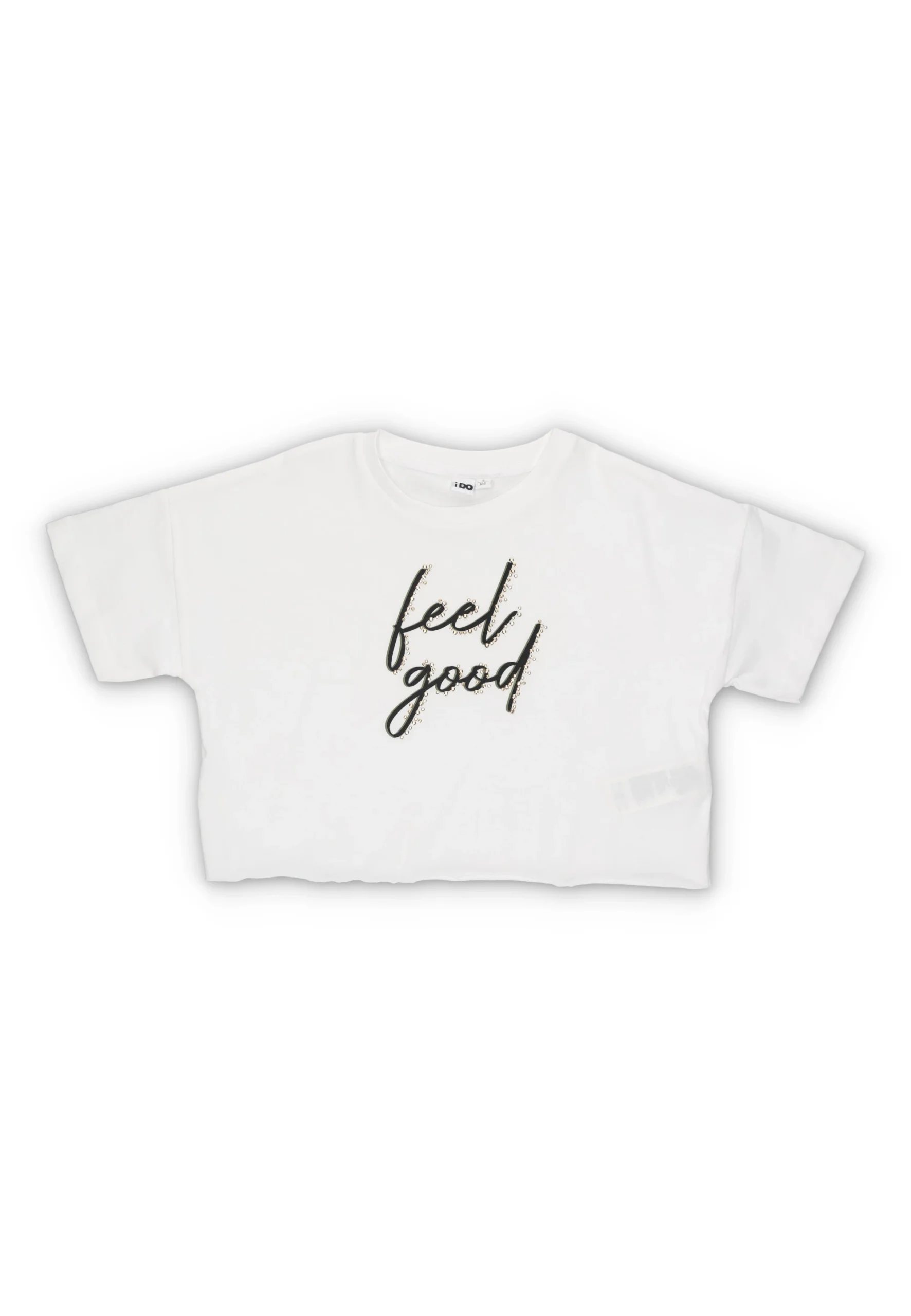 T-shirt crop con fondo taglio vivo e scritta iDo ragazza