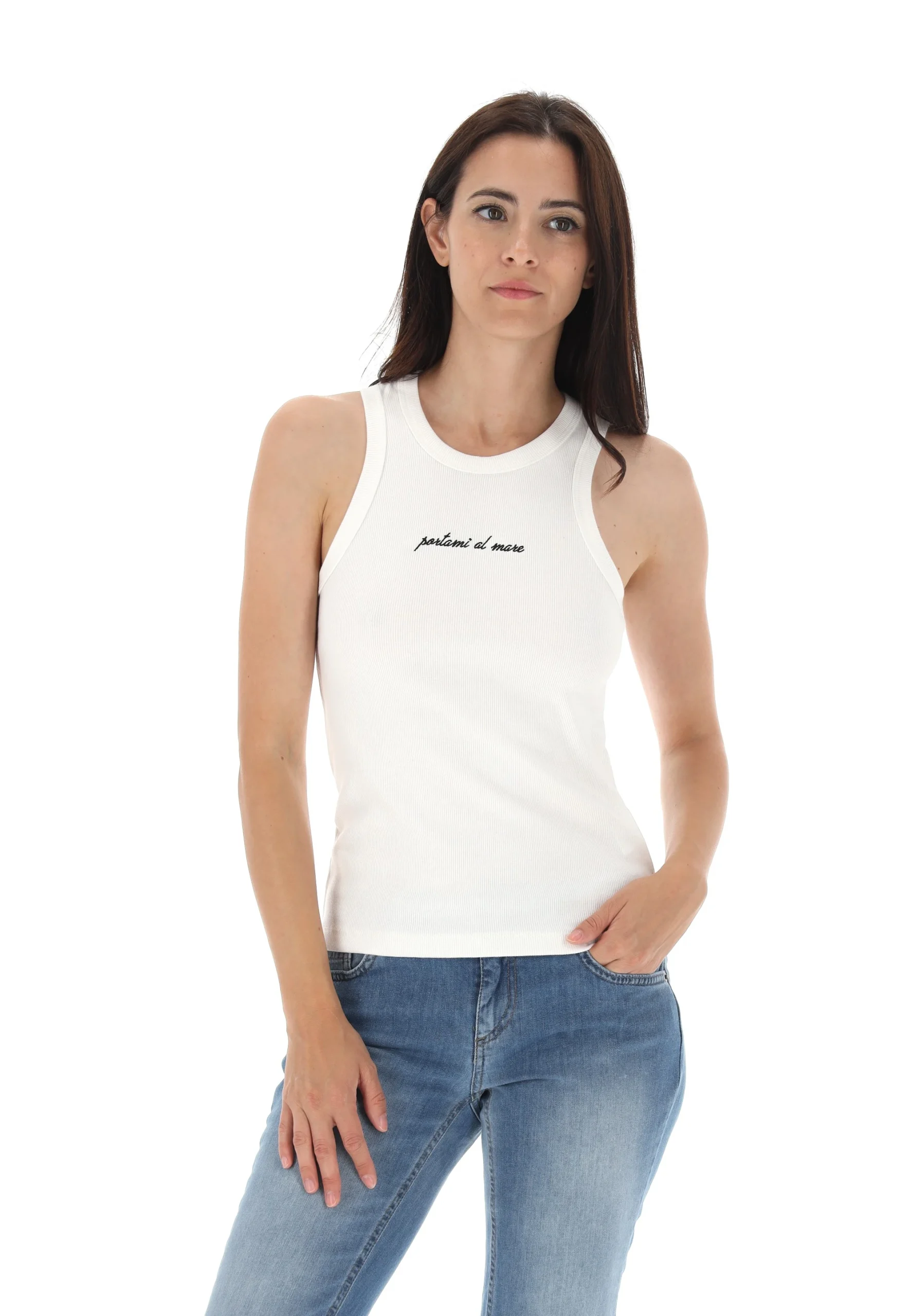 Canotta Age a costine con scritta ricamata portami al mare