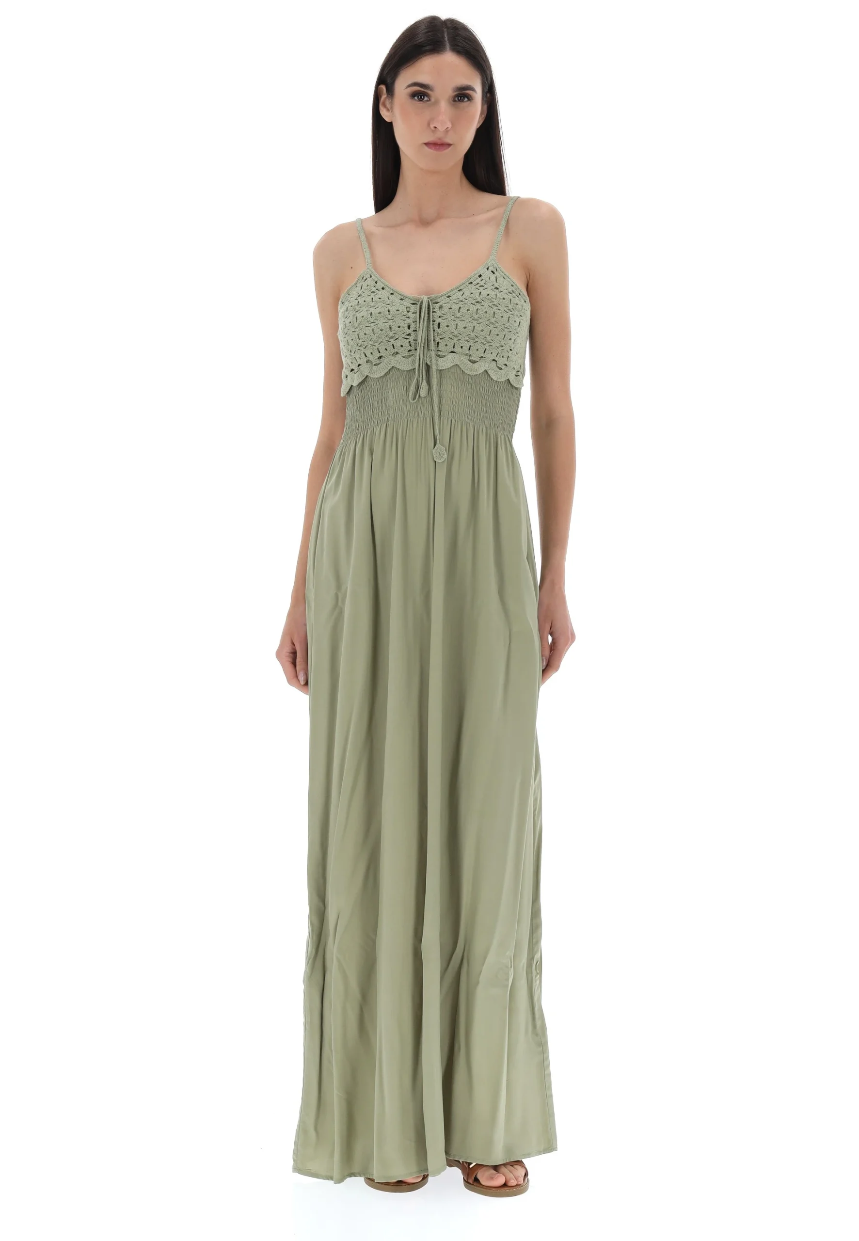 Vestito lungo in viscosa con corpetto in macramè Hailys