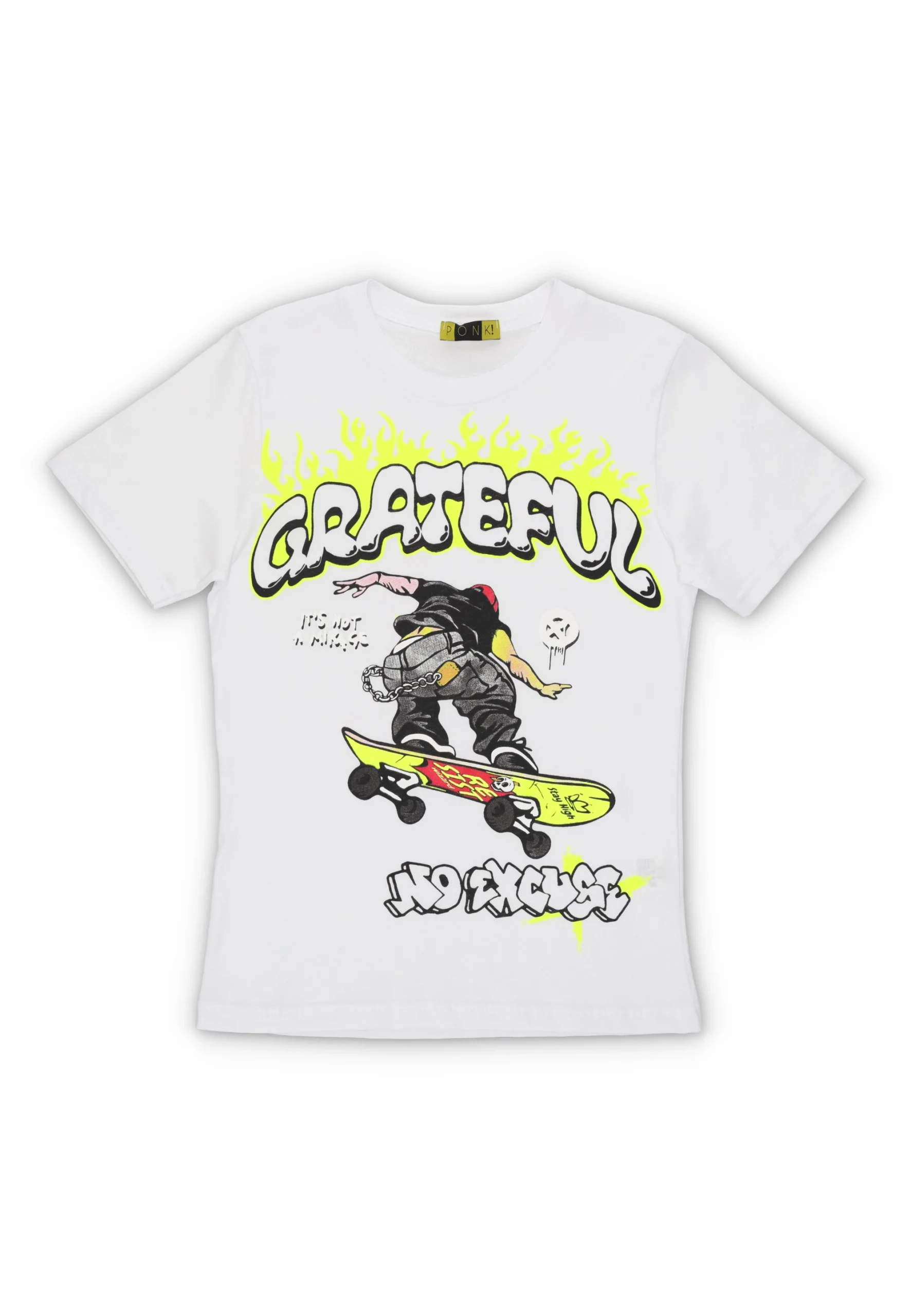 T-shirt PONK! ragazzo con stmpa skate e fiamme fluo