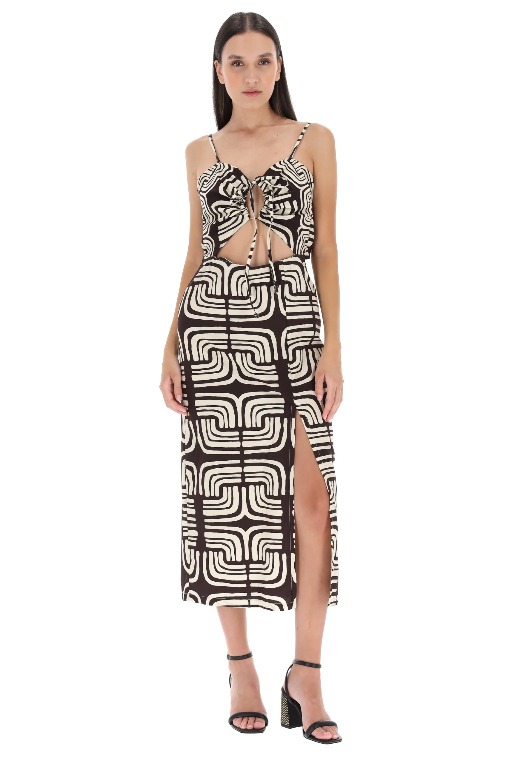 Abito midi Dixie fantasia geometrica in puro cotone con cut-out