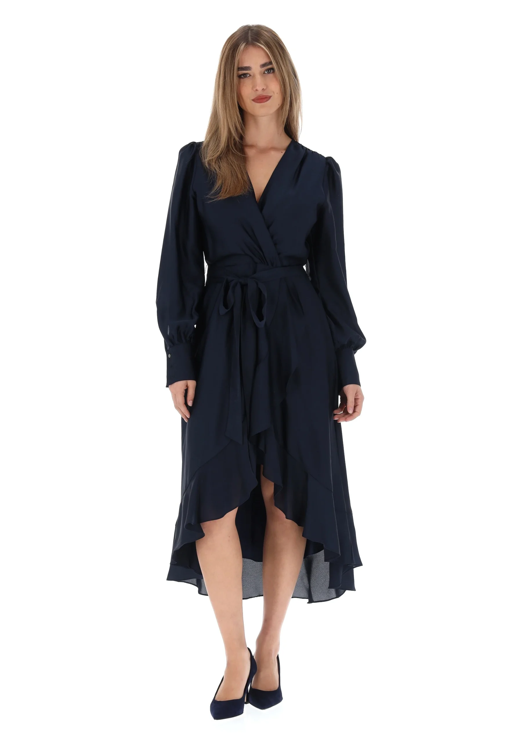 Vestito midi Swing con voulant e incrocio frontale