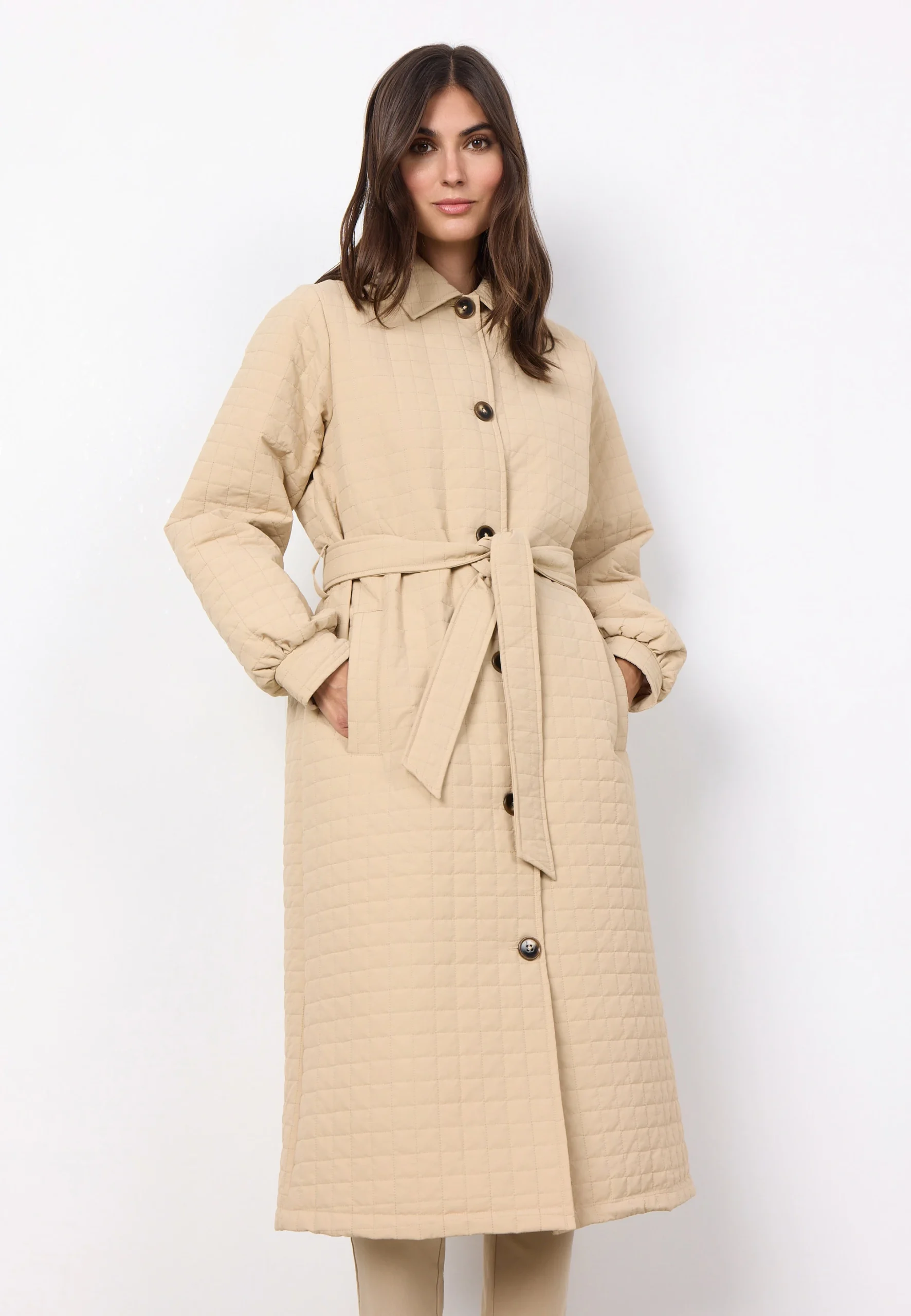 Trench Soya Concept lungo trapuntato a quadri tinta unita