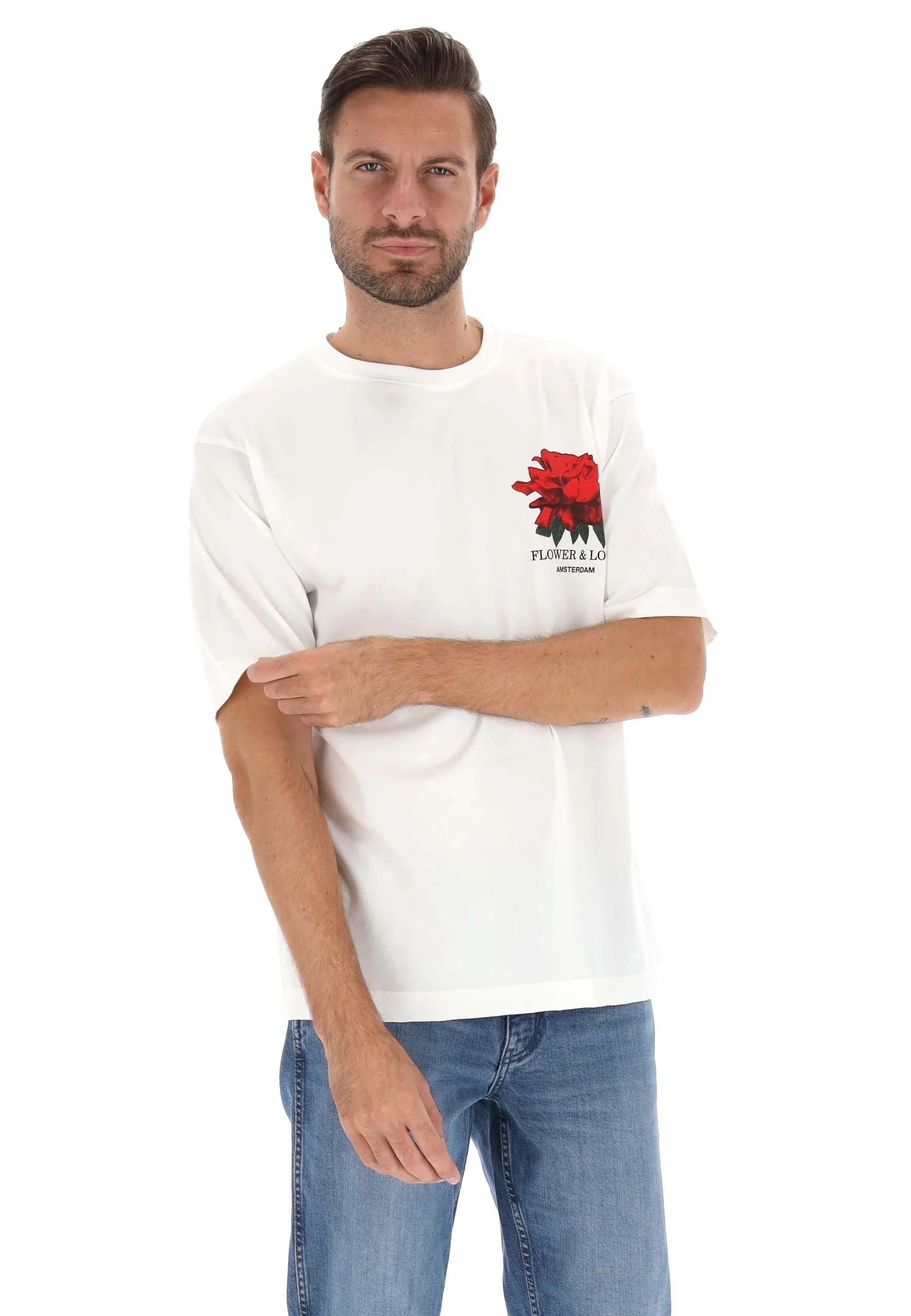 T.shirt basic 8.9 in cotone con rosa sul petto da uomo OVERPLAY1329