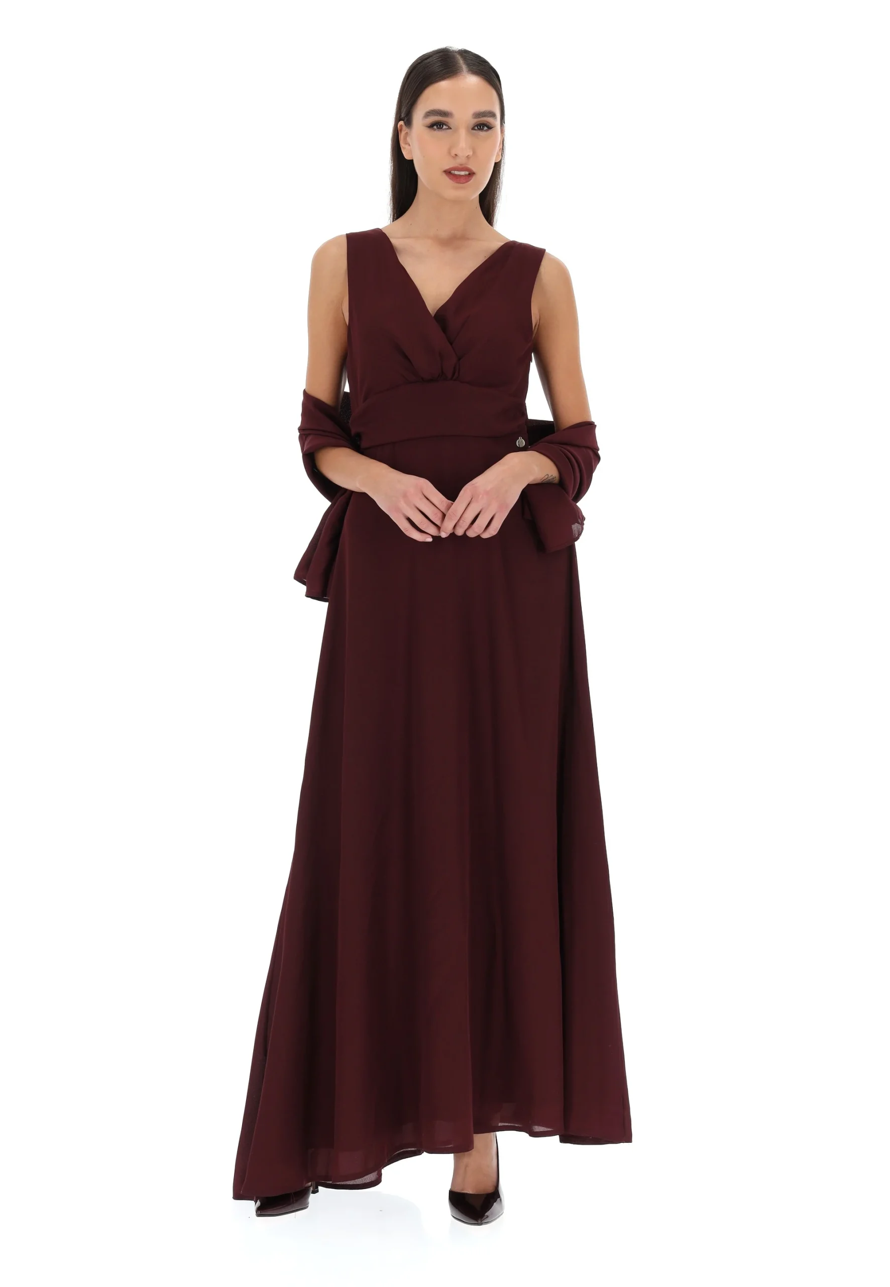 Abito lungo da cerimonia èks con scollo incrociato e stola