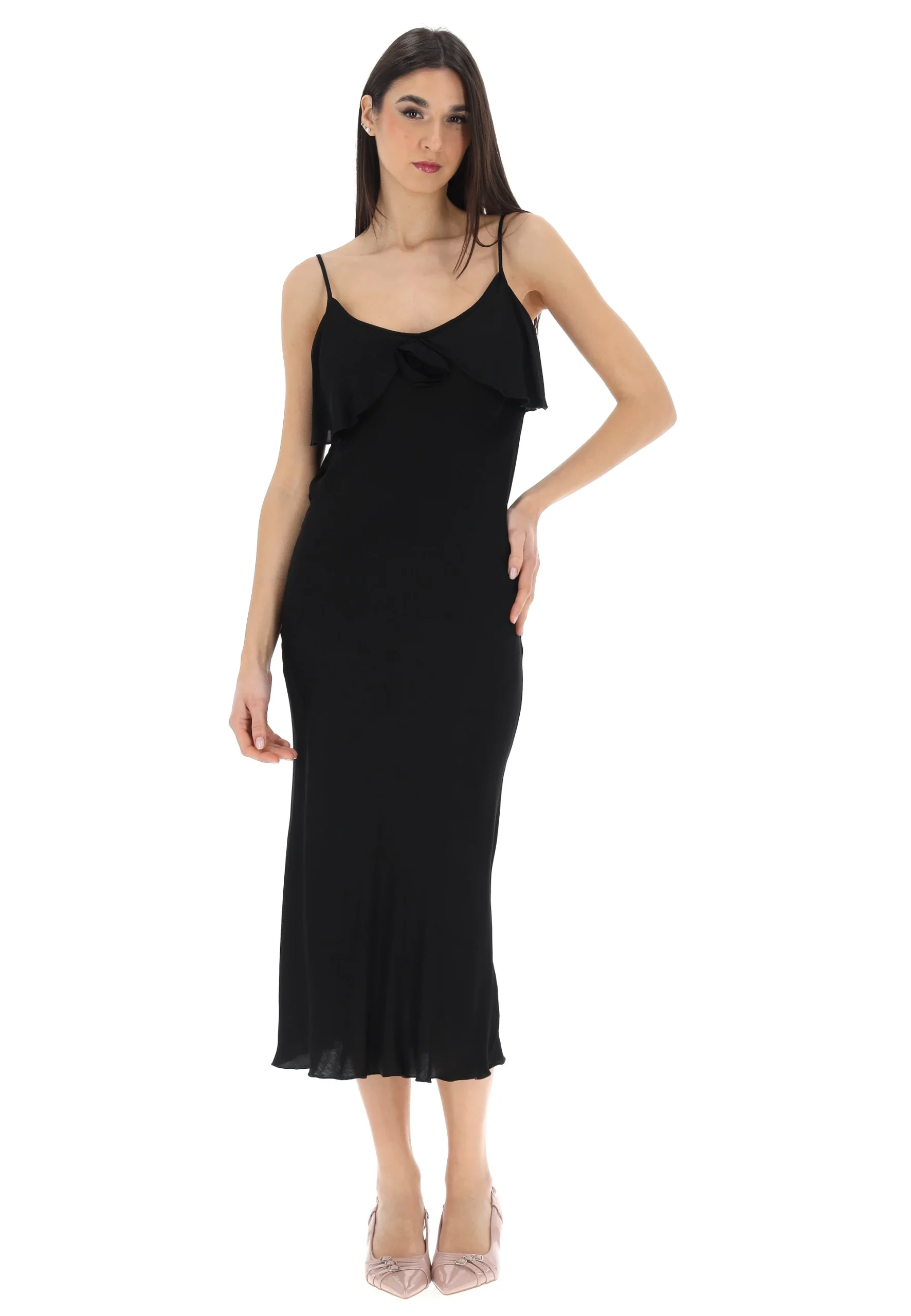 Abito èks in viscosa effetto satin con balza e fiore