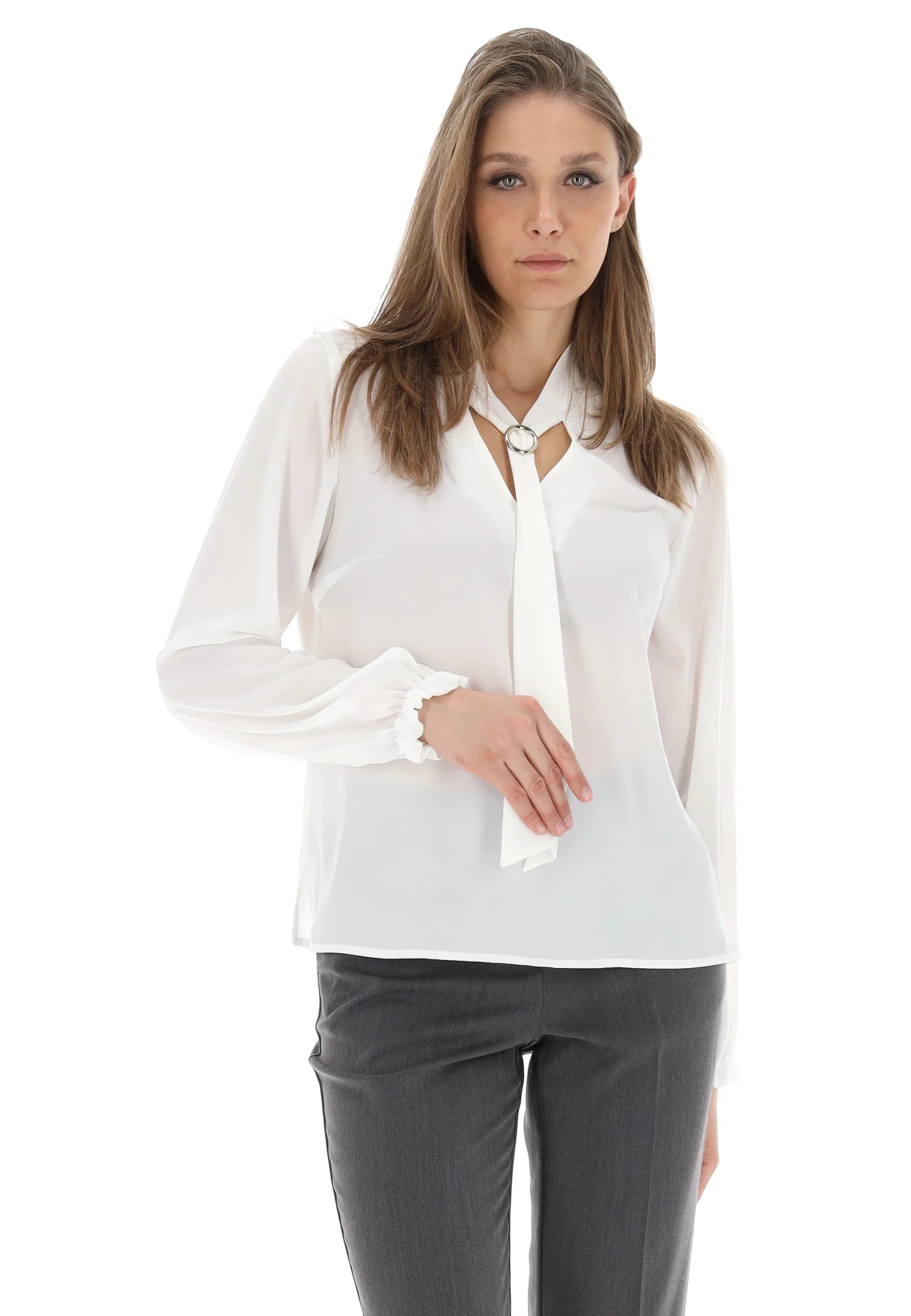 Blusa velata Pierr Day in georgette con fusciacca e anello