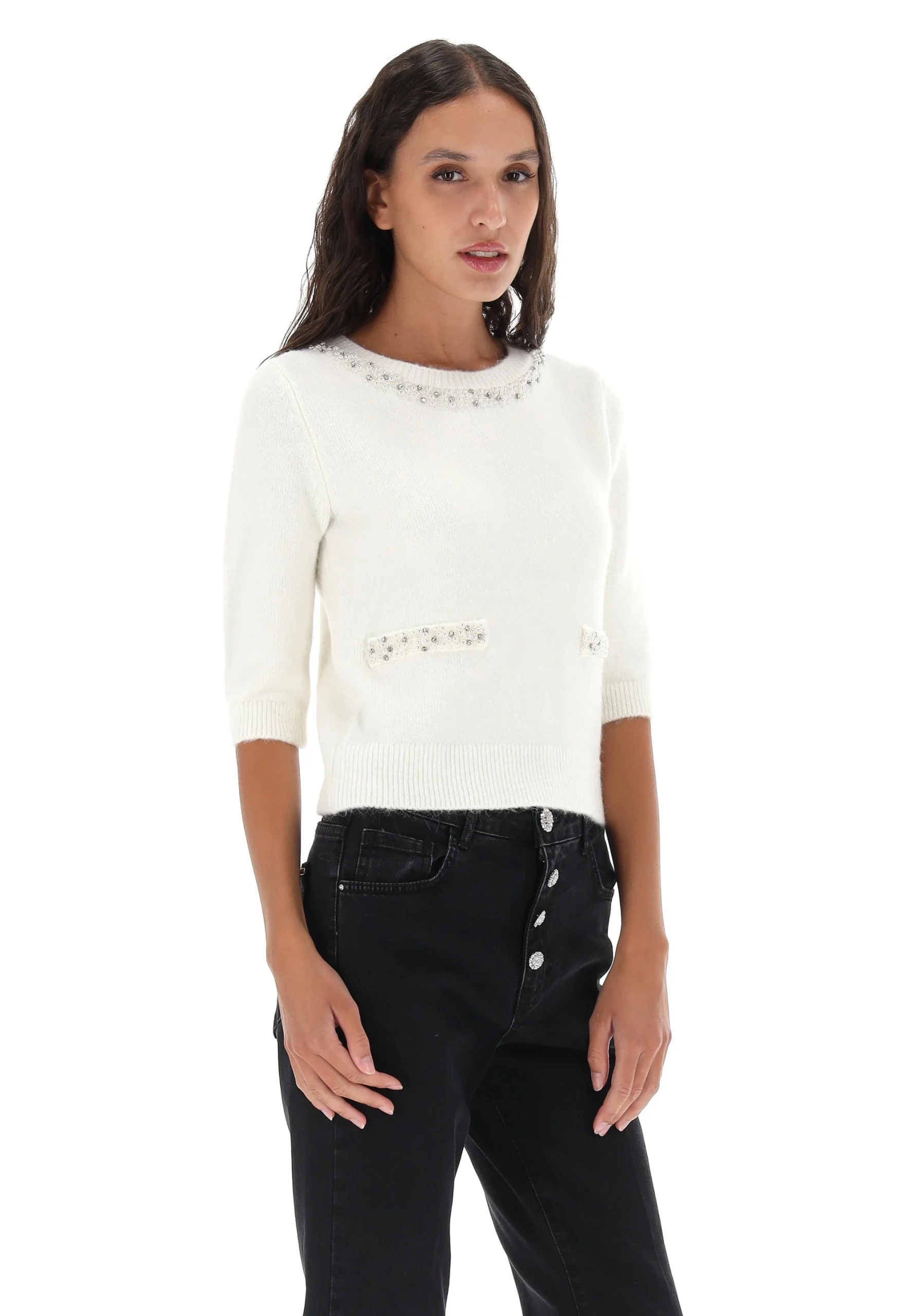 Girocollo mezza manica con perle e strass Kocca mod. Anouska