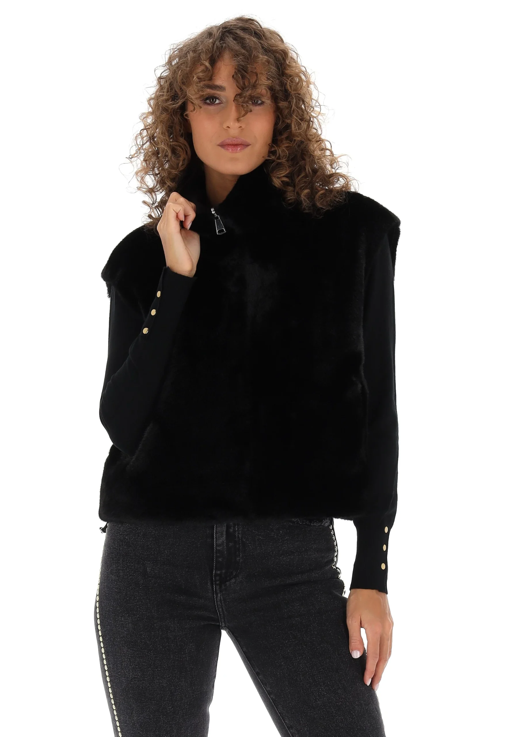 Similpelliccia smanicata Bright Girl donna con tasche a filo