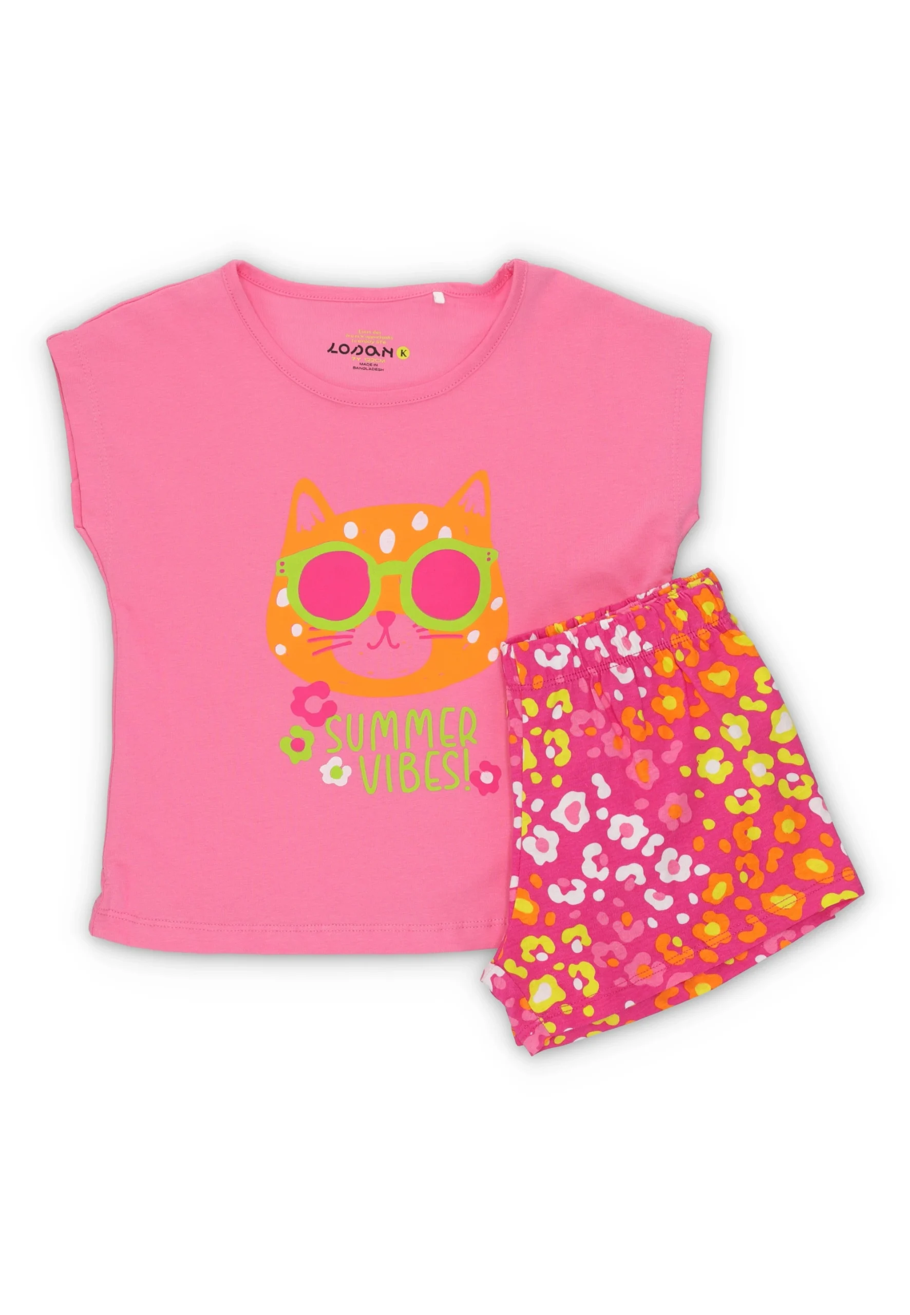 Completo bimba con stampa gatto e short multicolor Losan