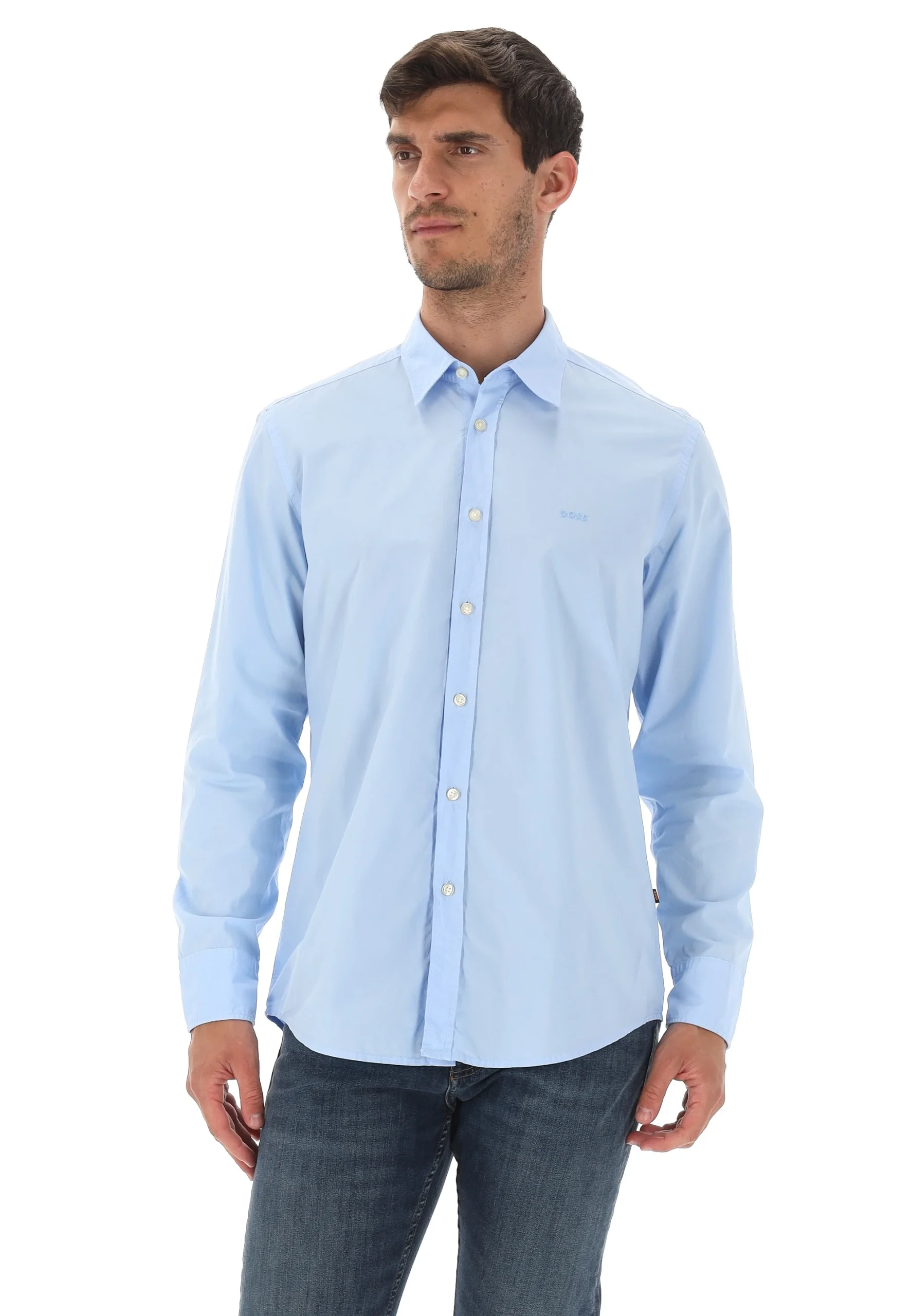 Camicia tinta unita con logo piccolo ricamato Boss uomo