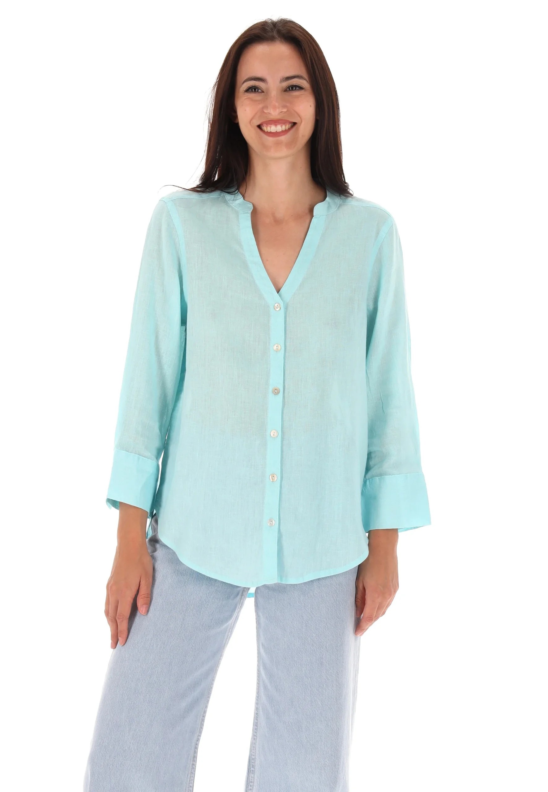 Camicia coreana Age in lino con scollo a V