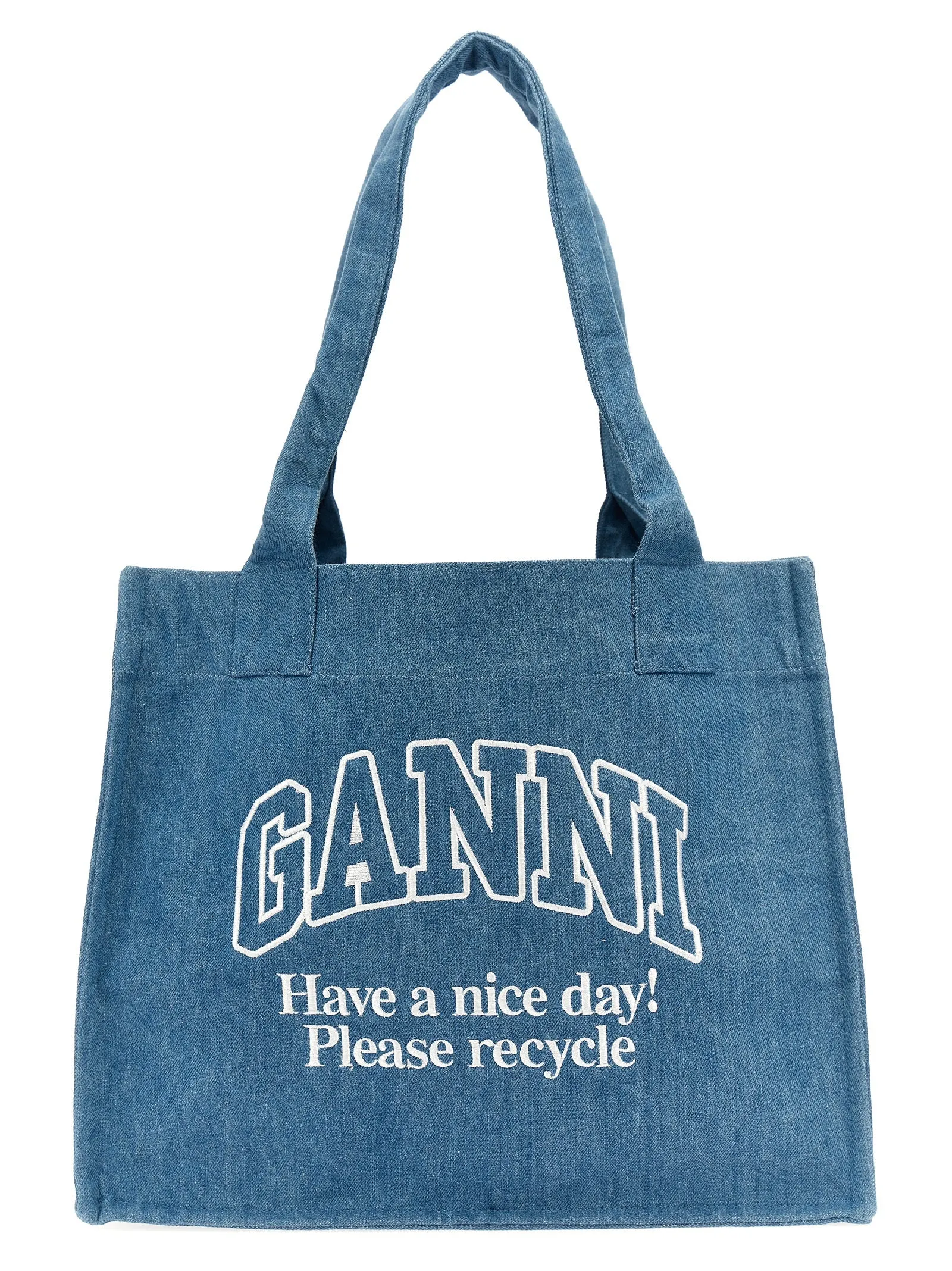 Logo Embroidery Denim Shopping Bag Tote Celeste