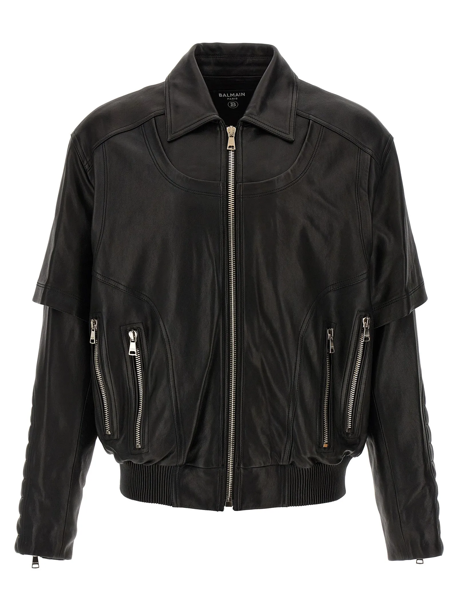 Layered Leather Jacket Puffer Jackets Nero
